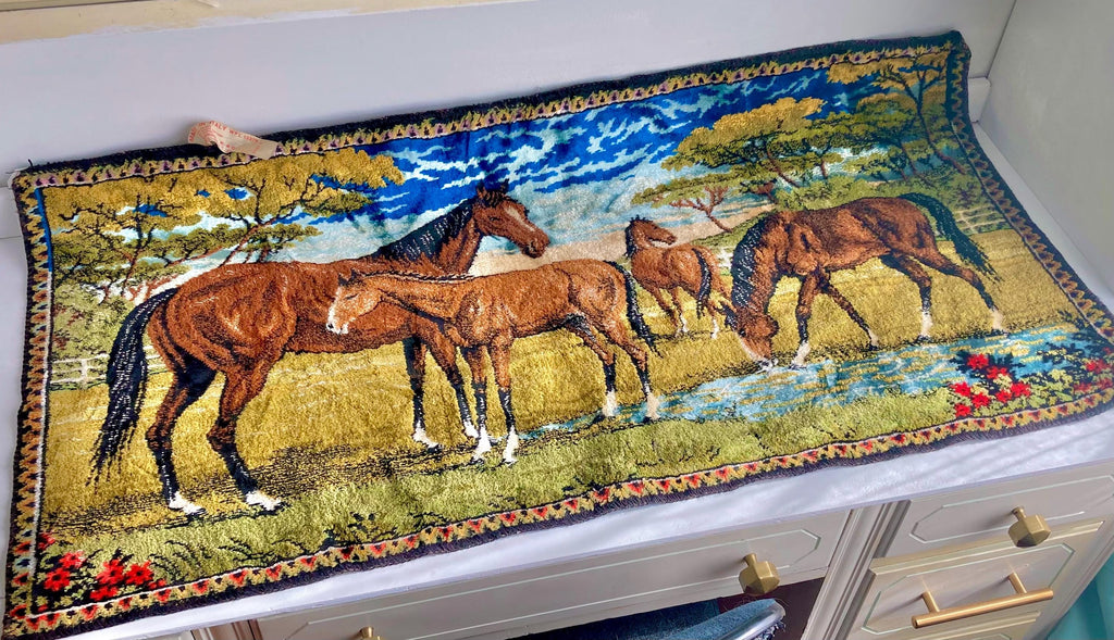 Vintage Italian Horse Tapestry: Kitsch Western Wall Hanging