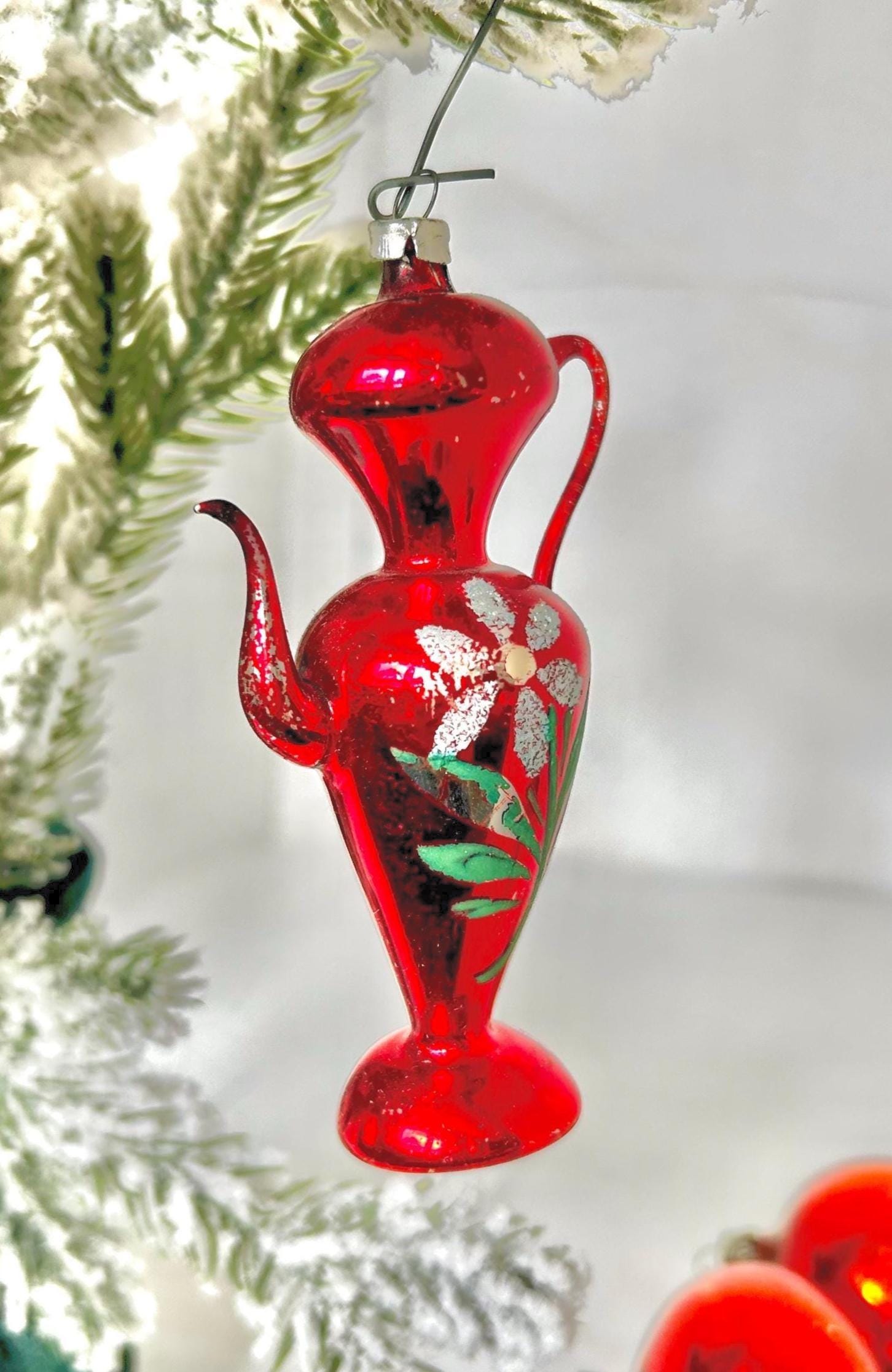 Vintage Handmade Glass Christmas Ornaments Hand Painted Teapots & Drop Bulbs