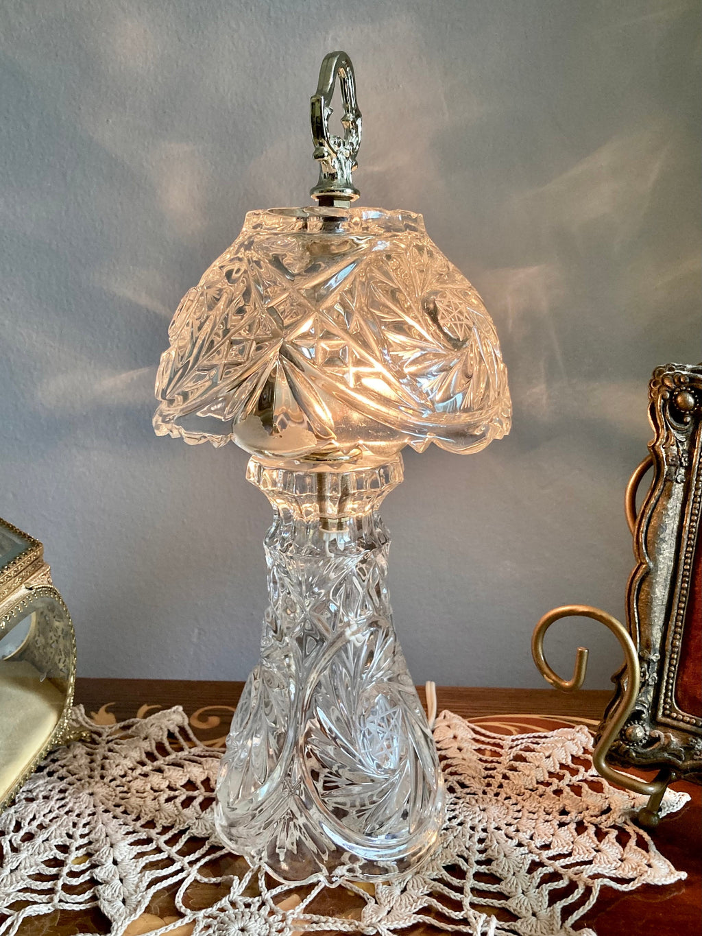 Small Glass Boudoir Parlor Lamp with Brass Finishings - Cut Geometric and Star Pattern