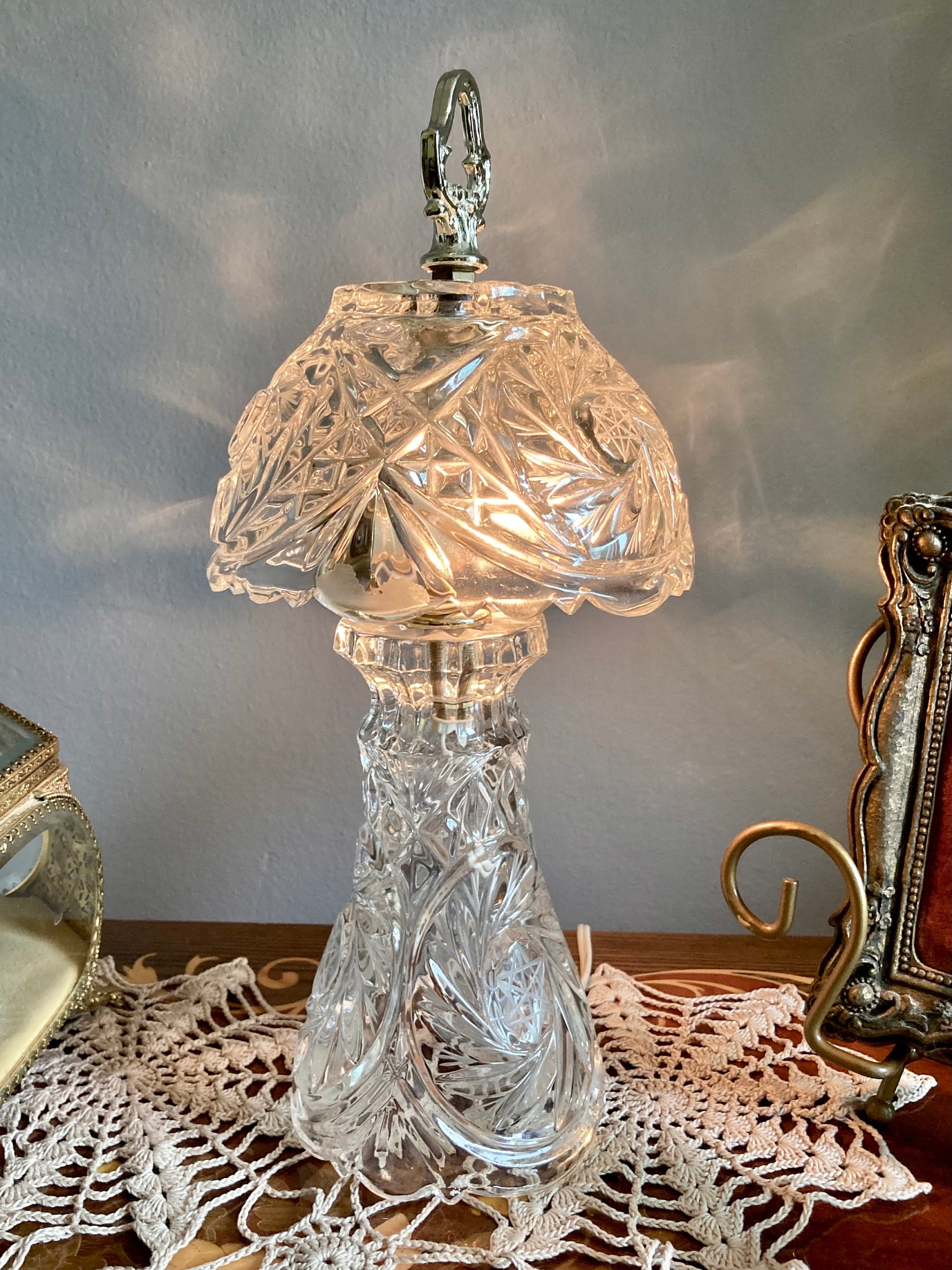 Small Glass Boudoir Parlor Lamp with Brass Finishings - Cut Geometric and Star Pattern