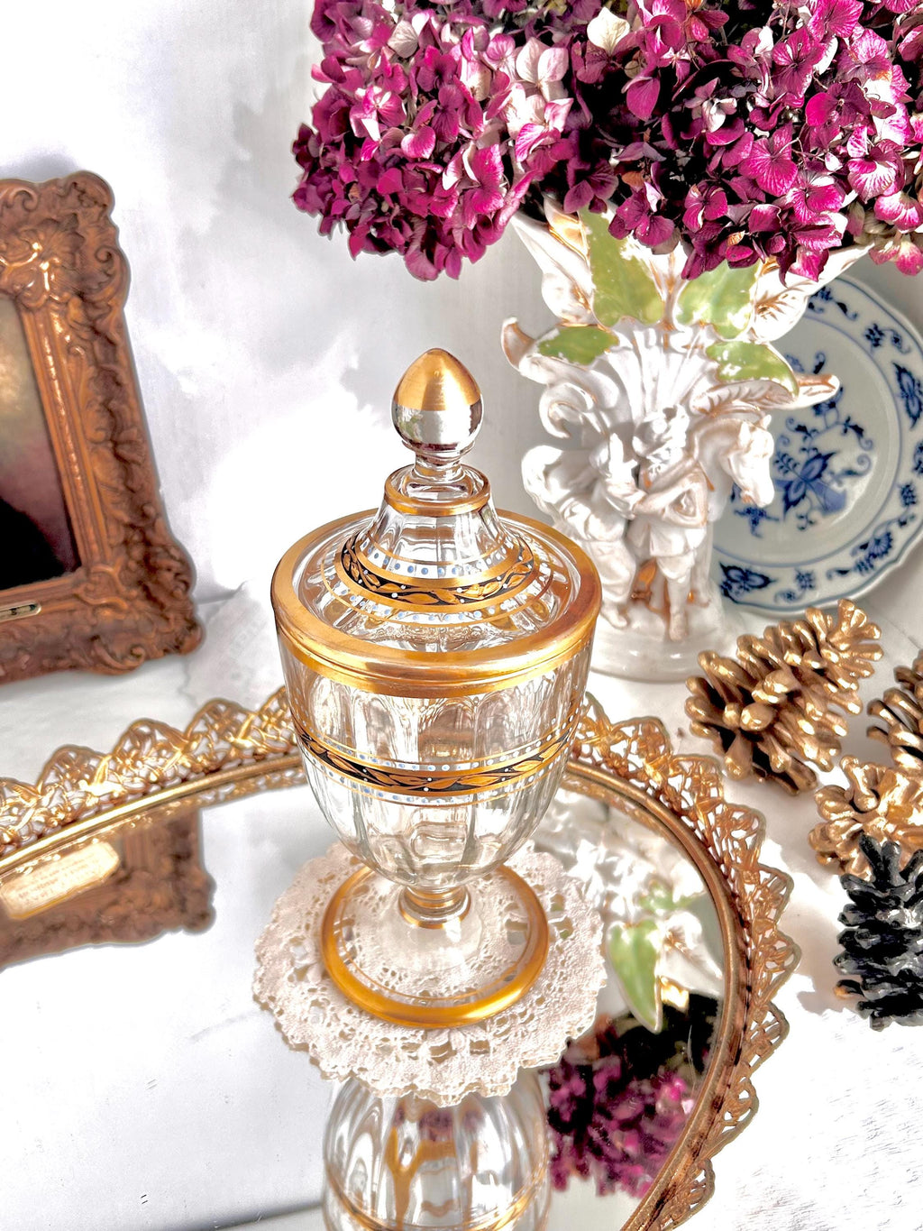 Vintage Gilt Glass Pedestal Lidded Dish