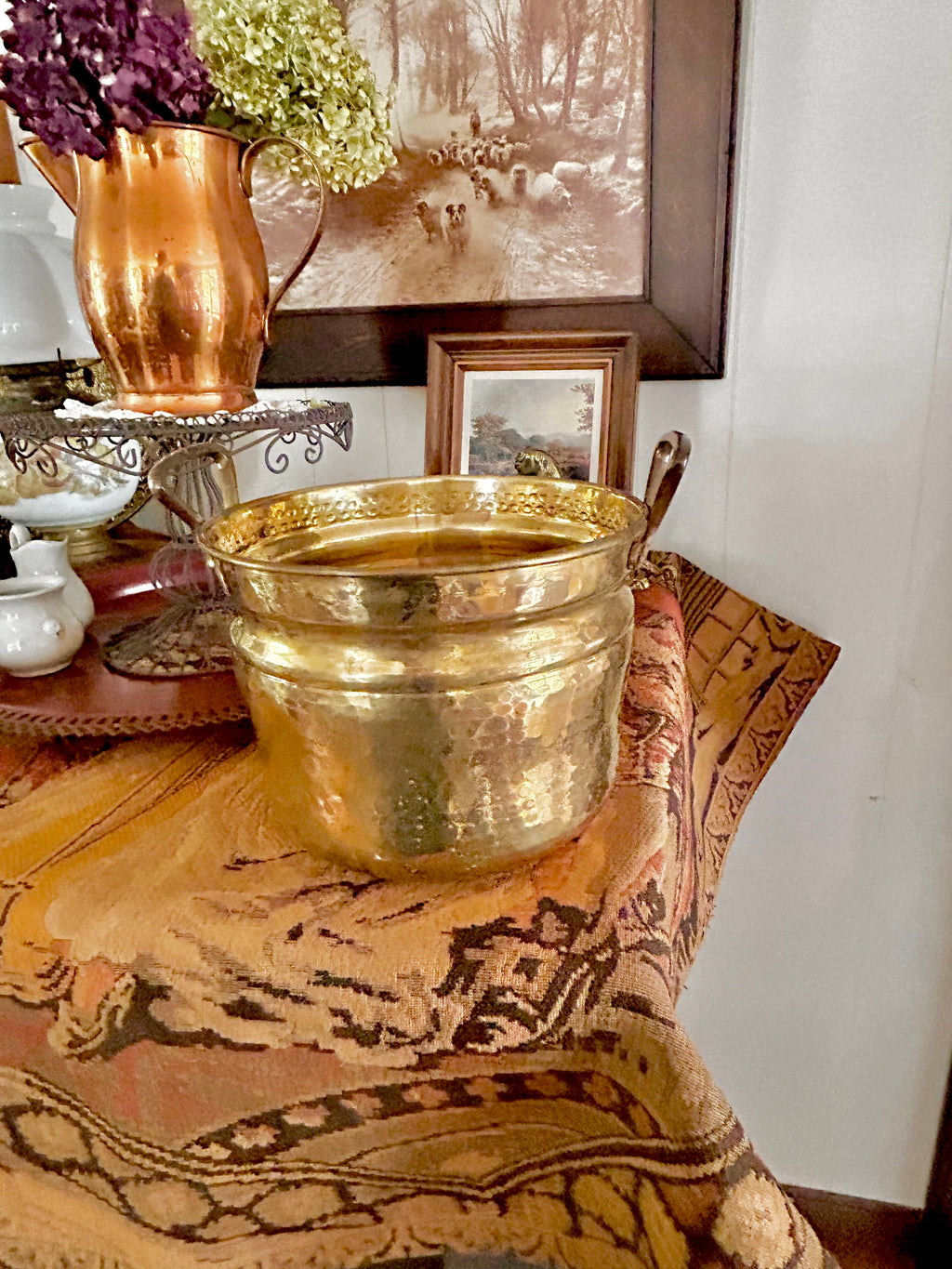 Vintage Hammered Brass Cachepot