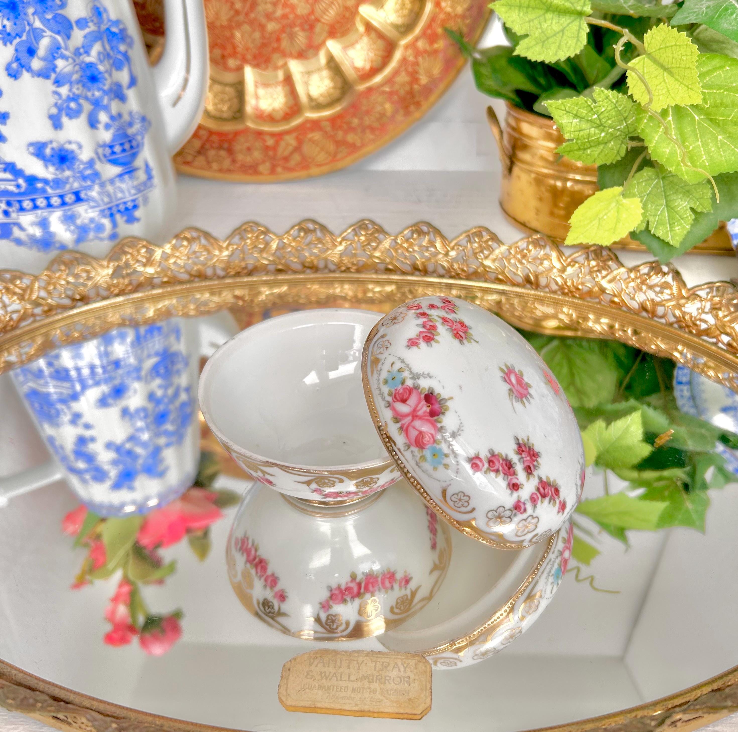 Vintage Noritake Small Porcelain Lidded Trinket Dish with Gold Trim, Pink Floral Garland