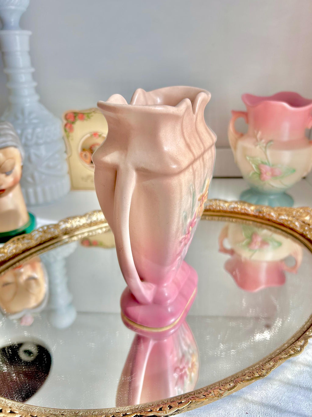 Vintage Hull Art Pottery Vase: Pink Floral Urn with Handles