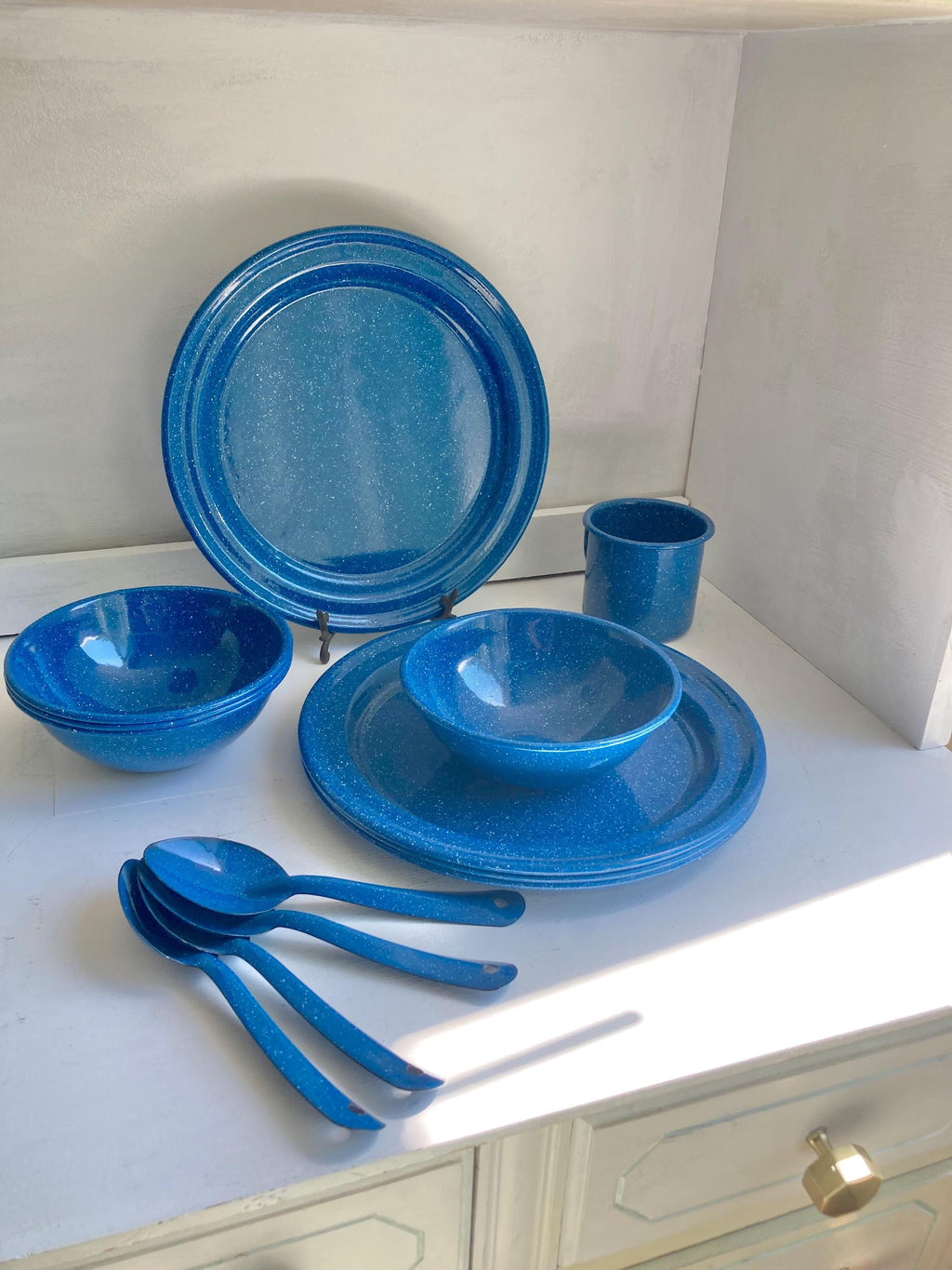 Vintage Enamelware White Speckled Blue Metal Dining for Outdoors and Camping: Choose from options