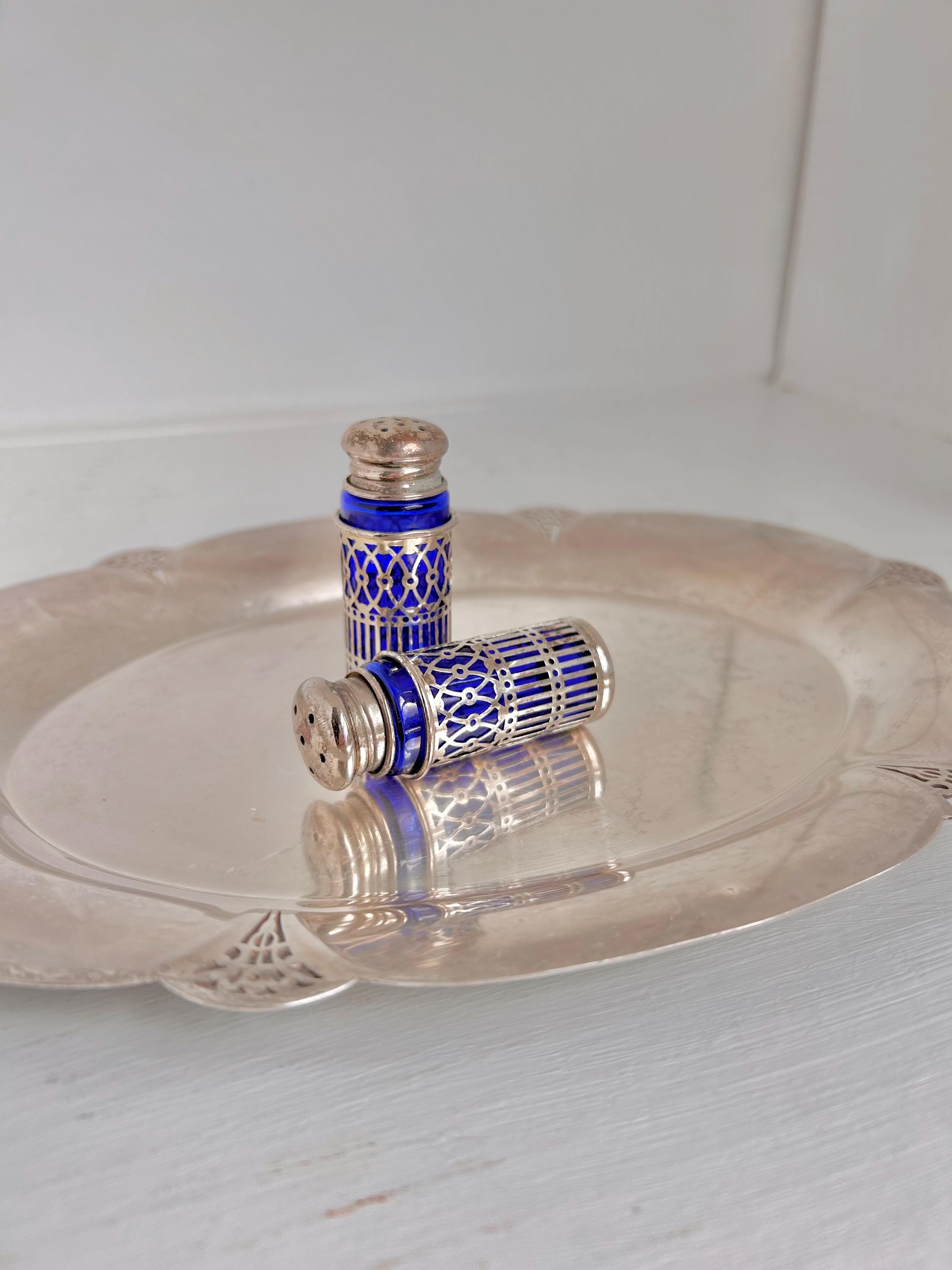 Vintage Cobalt Blue Glass Salt and Pepper Shakers - Silverplate Sleeves