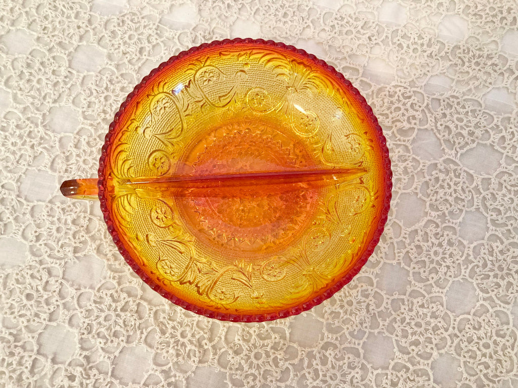 Vintage Amberina Depression Glass Divided Relish Dish with Handle, Rounded Sawtooth Edging