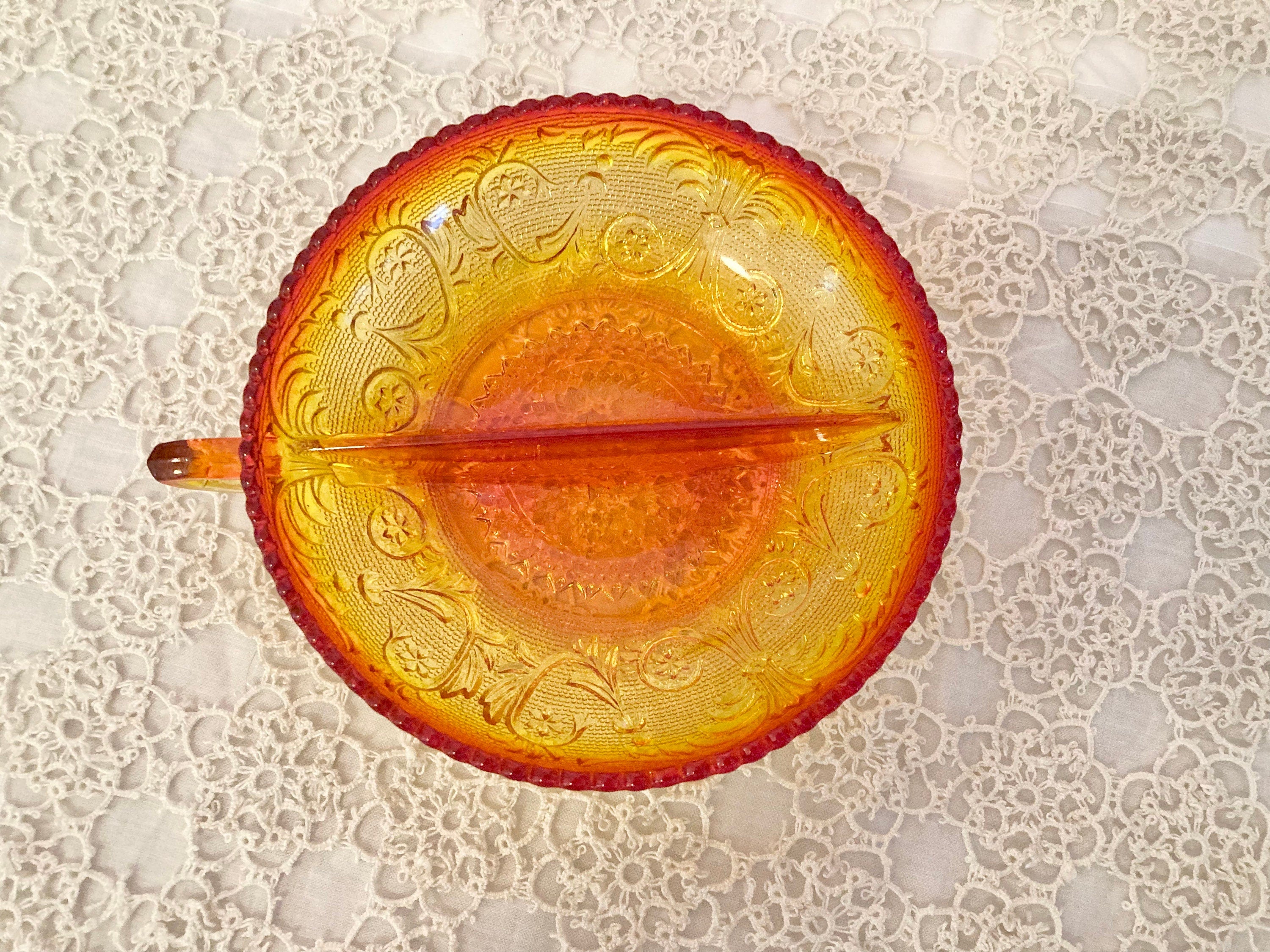Vintage Amberina Depression Glass Divided Relish Dish with Handle, Rounded Sawtooth Edging