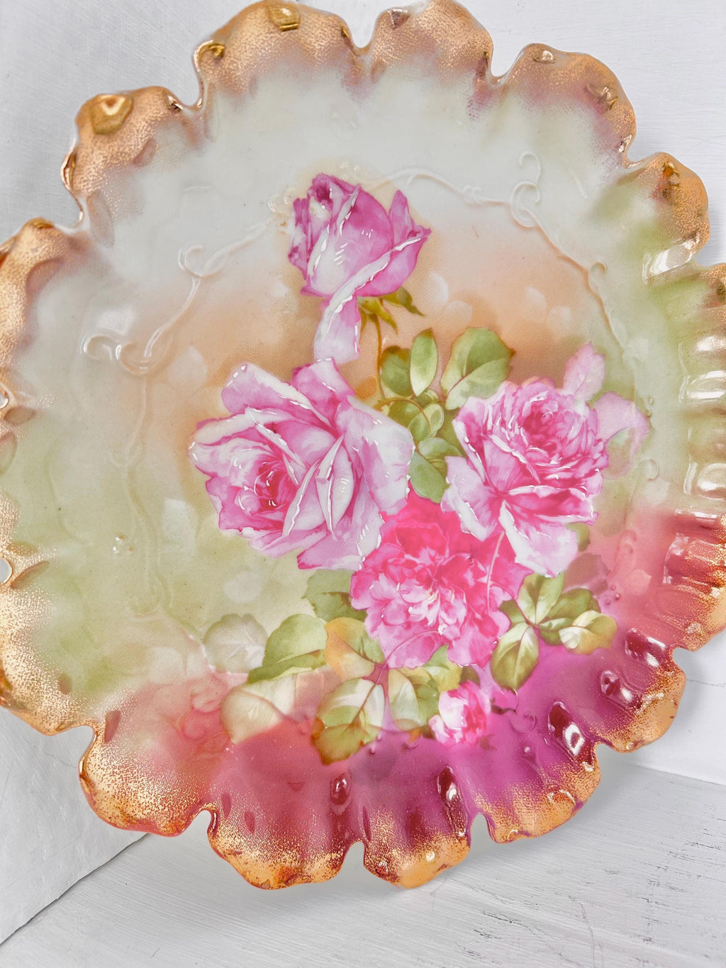 Vintage Transferware Porcelain Plate with Pink Roses