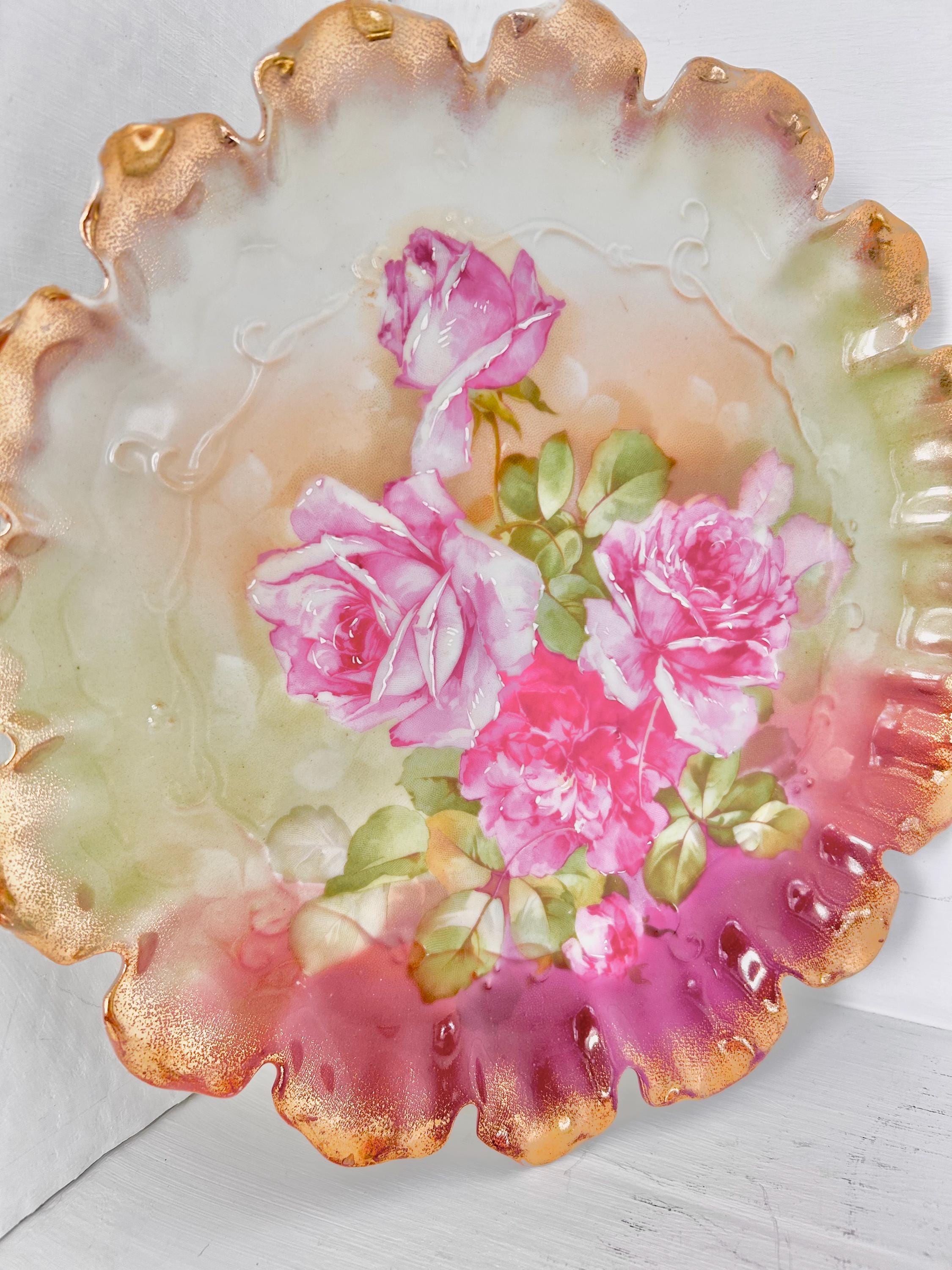 Vintage Transferware Porcelain Plate with Pink Roses
