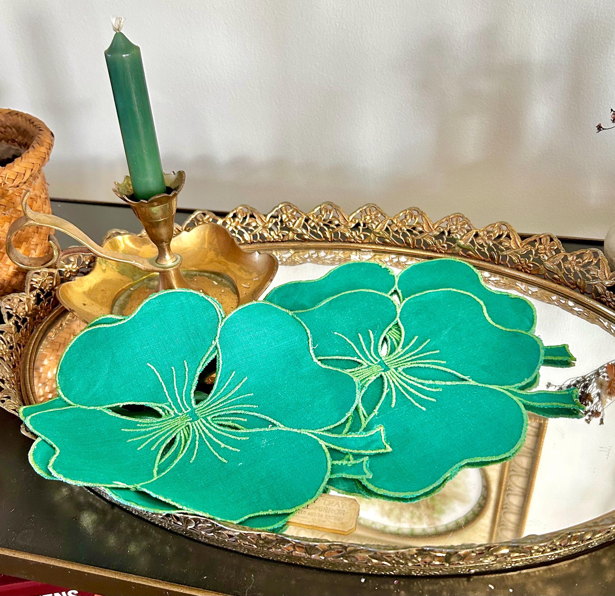 Vintage Hand Stitched Linen Shamrock Coasters in Emerald Green Set of 4