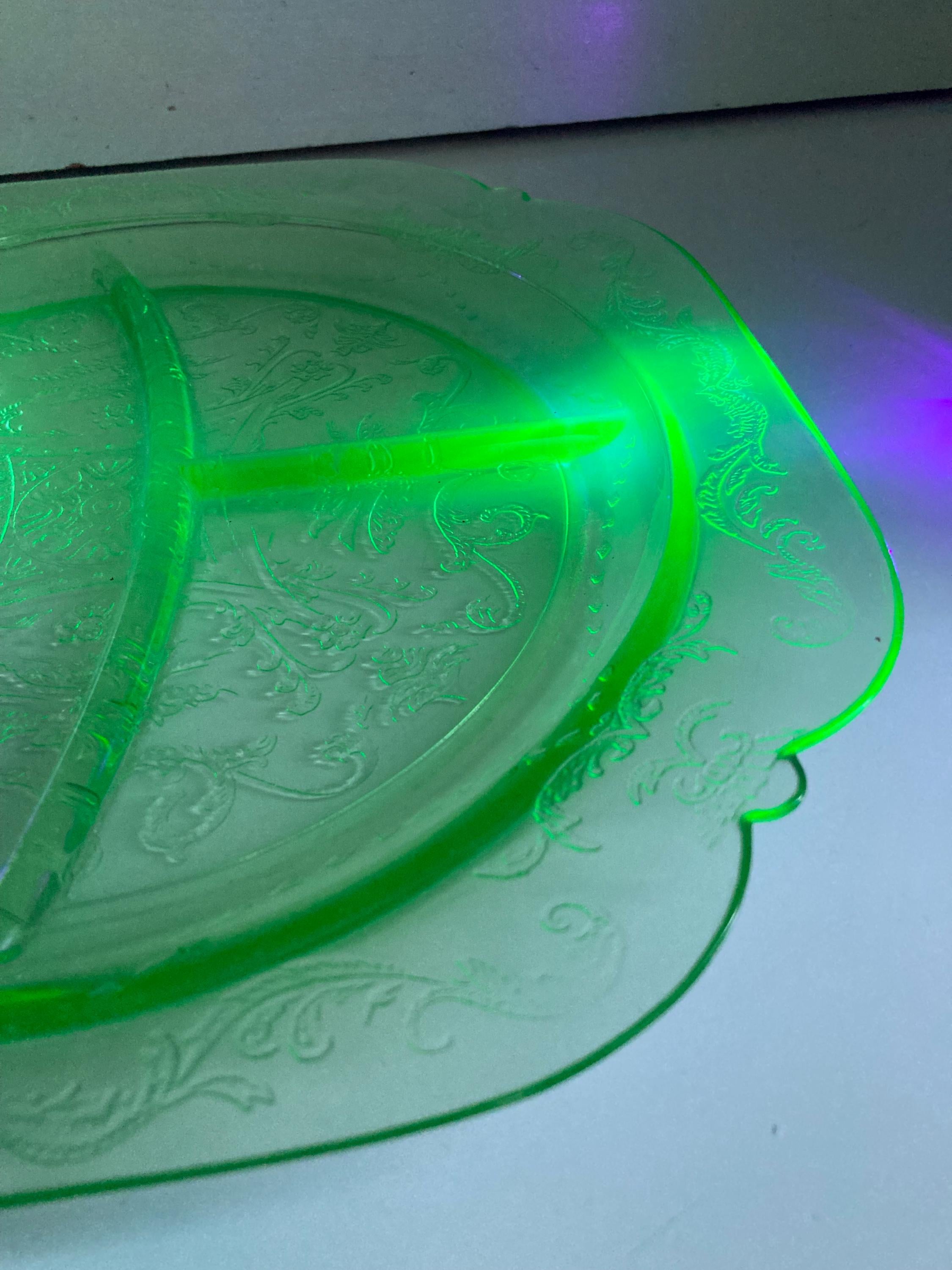 Vintage Uranium Green Glass Divided Plate: Federal Madrid Pattern