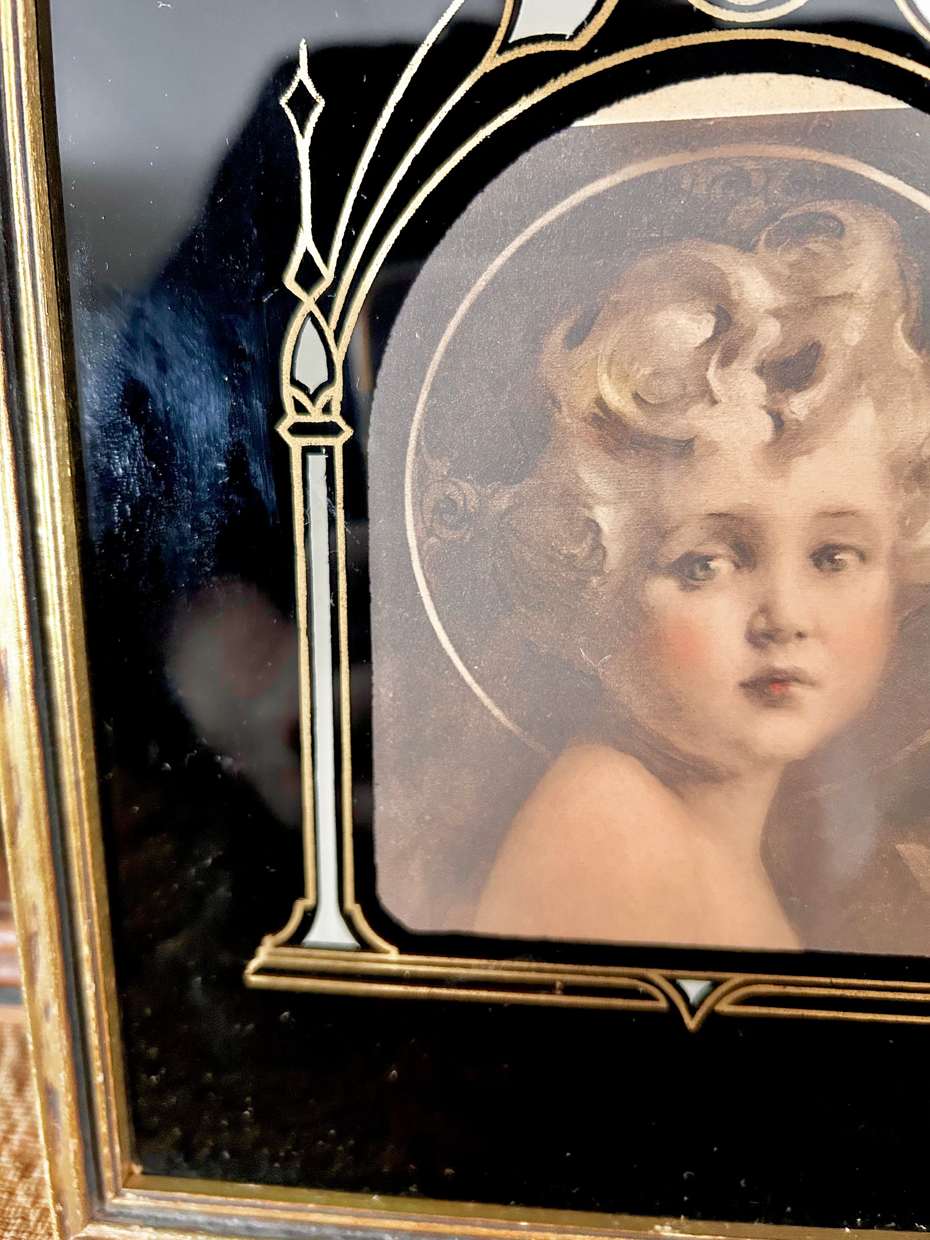 Art Deco "Light of the World" Portrait with Reverse Painted Glass