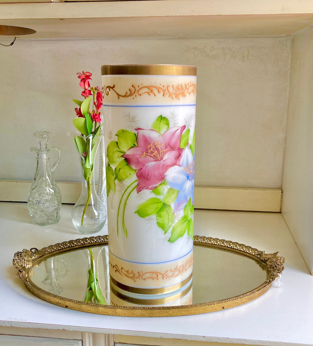 Vintage 1930s Milk Glass Vase – Deluxe Inc Floral Cylinder with Gilt