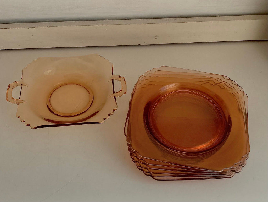 Vintage Fostoria Mayfair Honey Amber Glass Plate Set: Luncheon Plates & Relish Dish