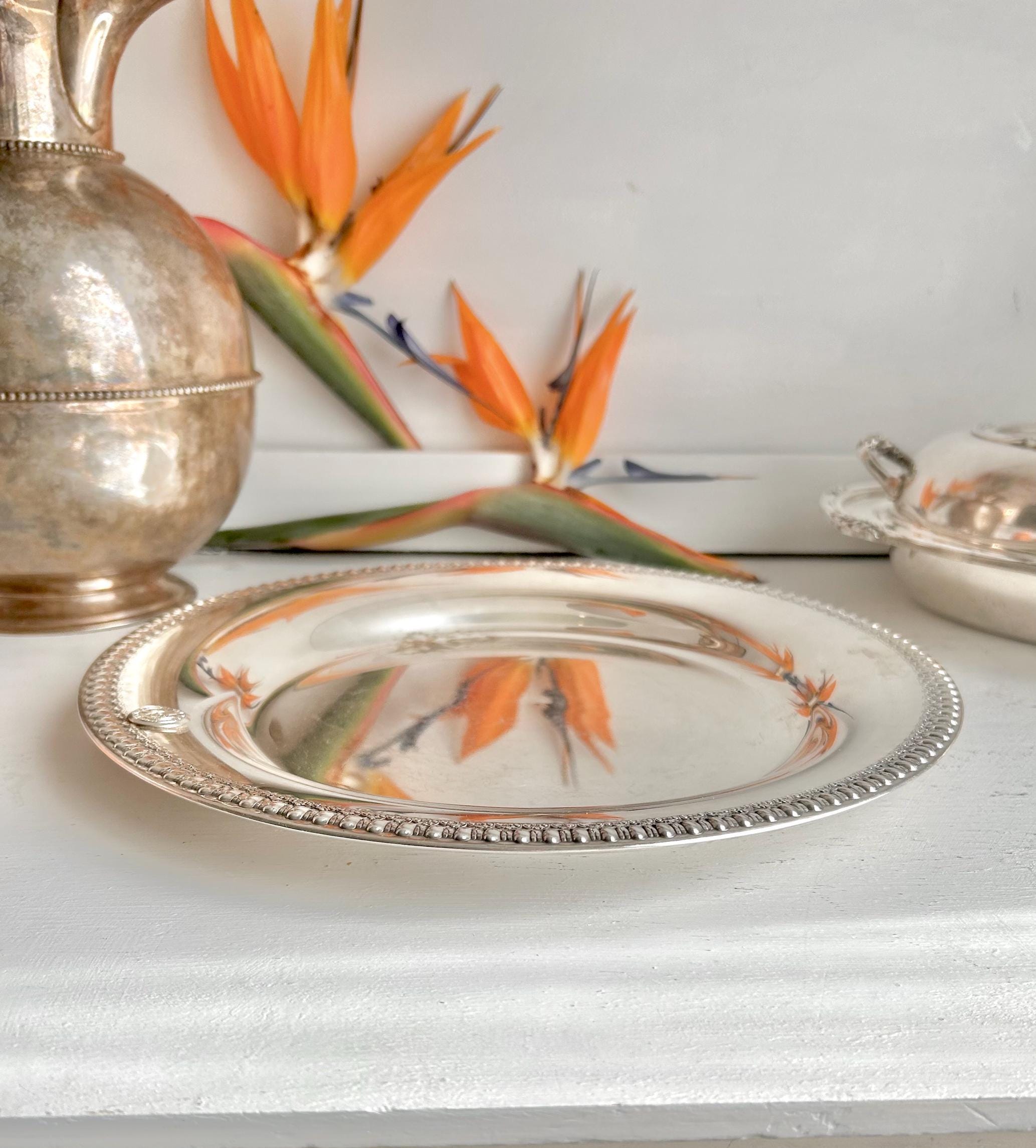 Vintage Wilcox Silver-Plated Platter: Brandon Hall Gadroon Rim, Hollywood Musketeers