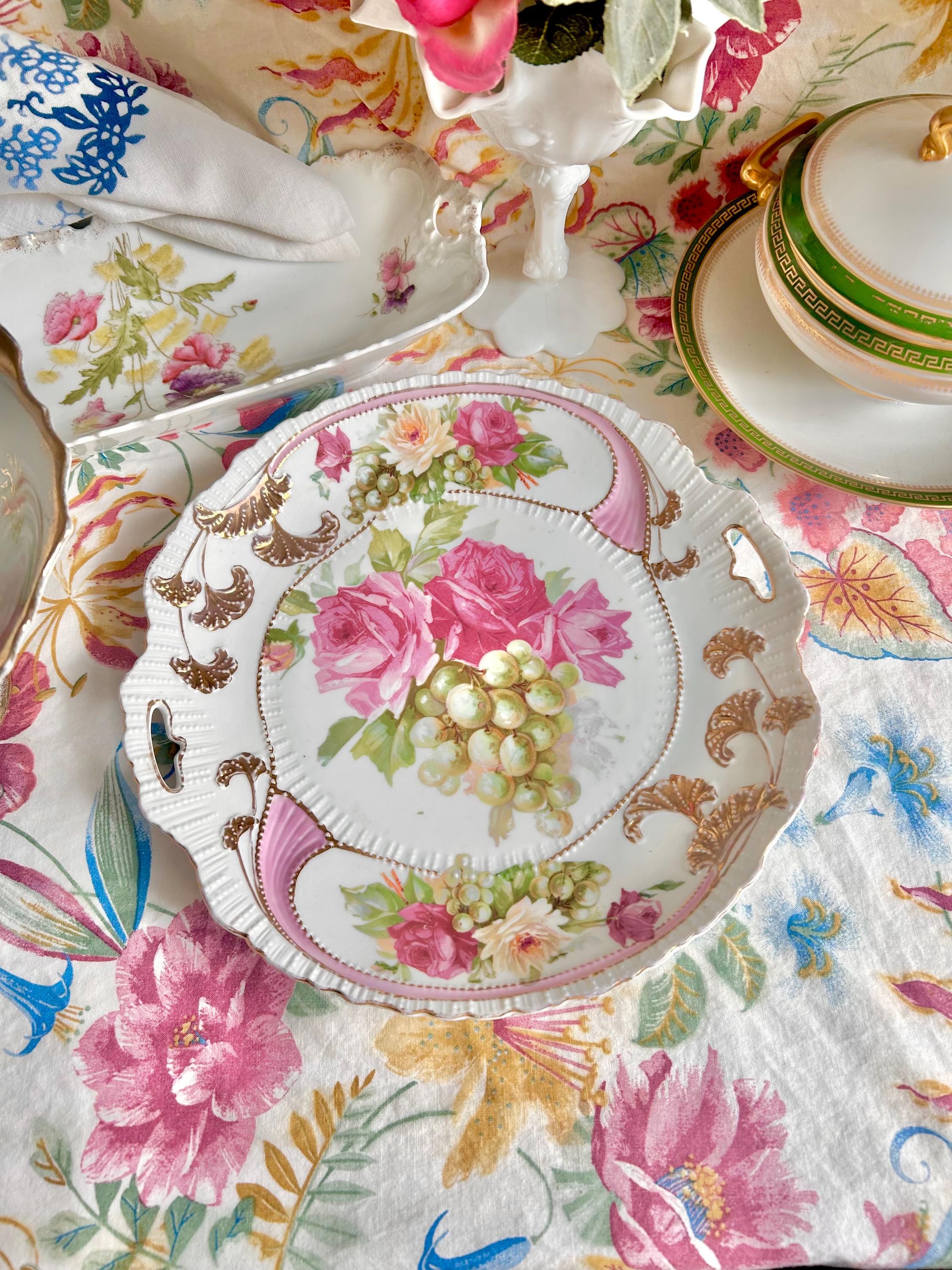Vintage Porcelain Platter: Gold Foliage, Roses & Grapes, Beaded Handles