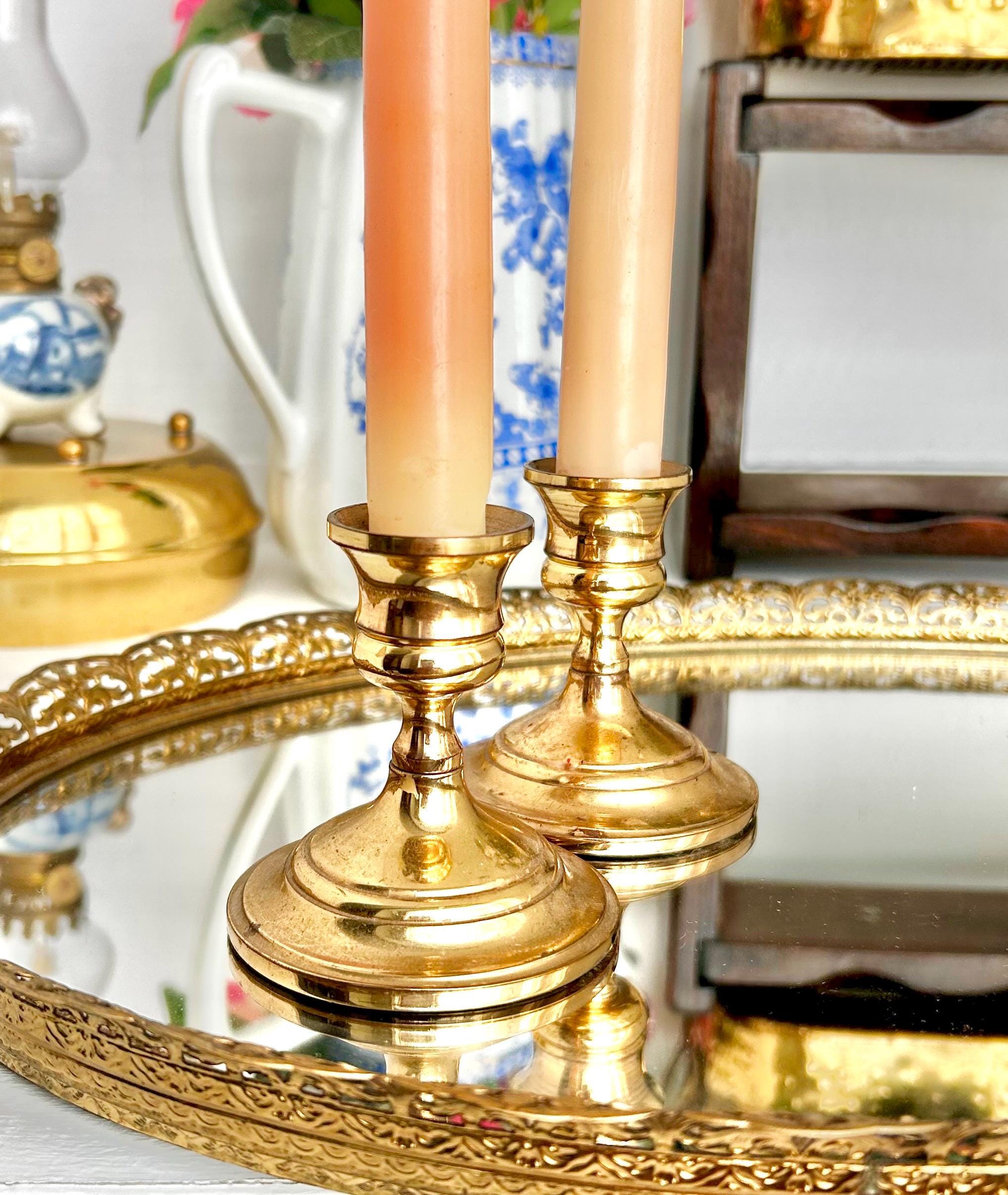 Vintage solid Brass Candlestick Pair - Two Handsome Classical Brass Taper Candle Holders