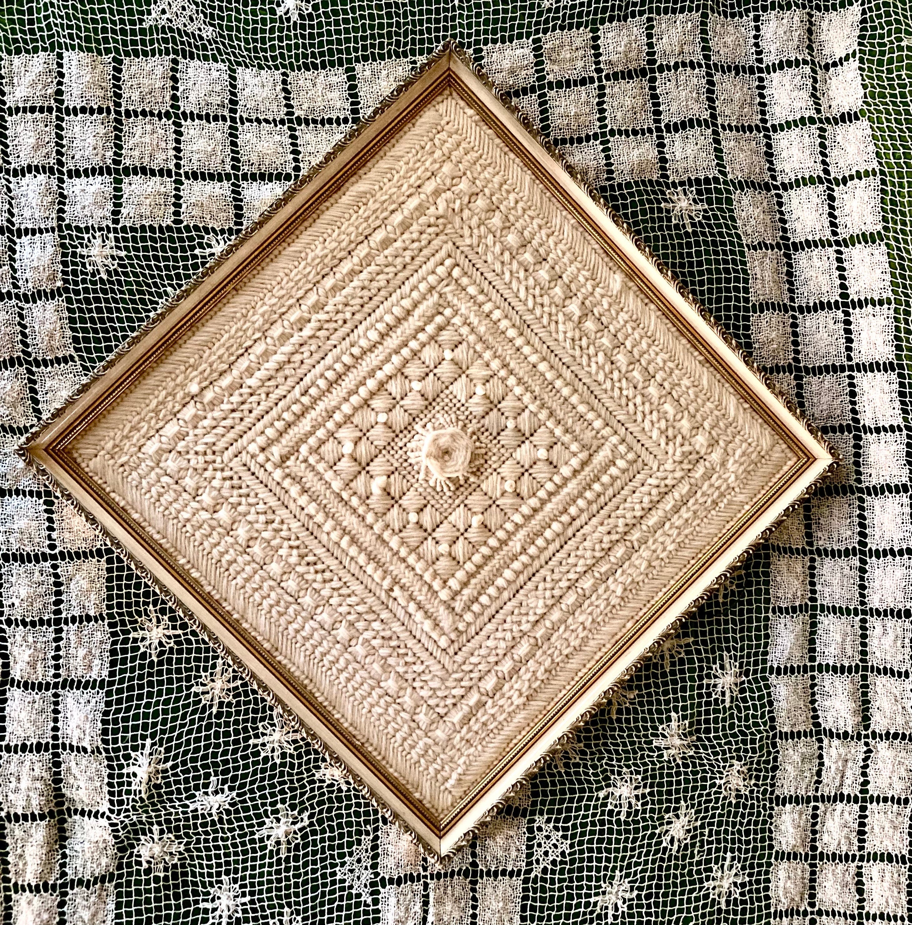Vintage Yarn Art in Gilt Frame: Cream Boho Wall Decor (20x20)