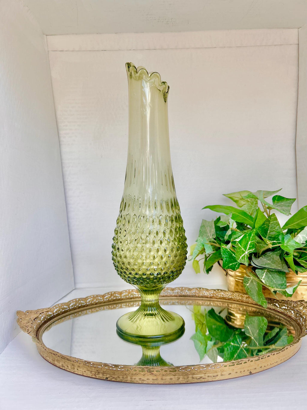 Mid-Century Fenton 17 inch Glass Swung Vase: Avocado Green Hobnail, 1960s