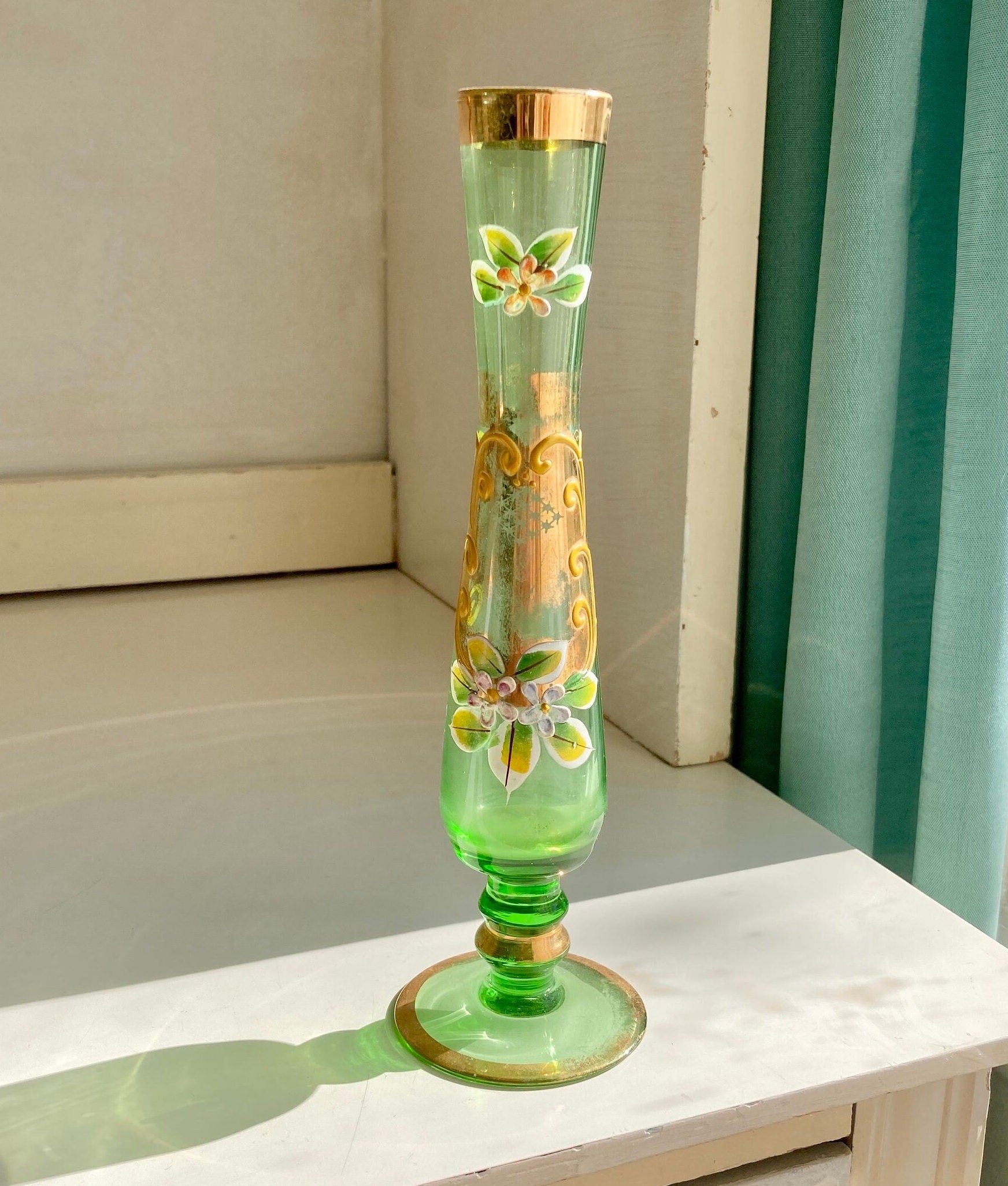 Vintage Green Glass Hand Painted Gilt Bohemian Bud Vases: choose from Two
