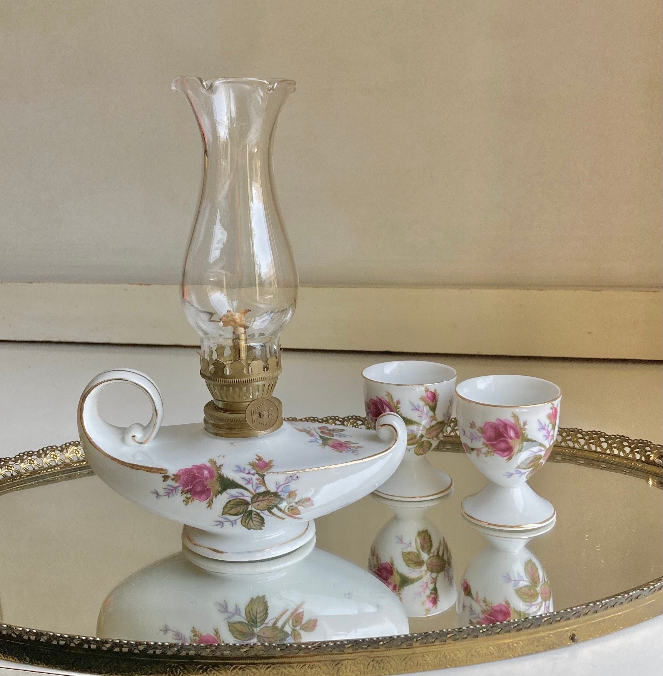 Vintage Japan Porcelain Oil Lamp or Egg Cups: Pink Rose Floral Motif