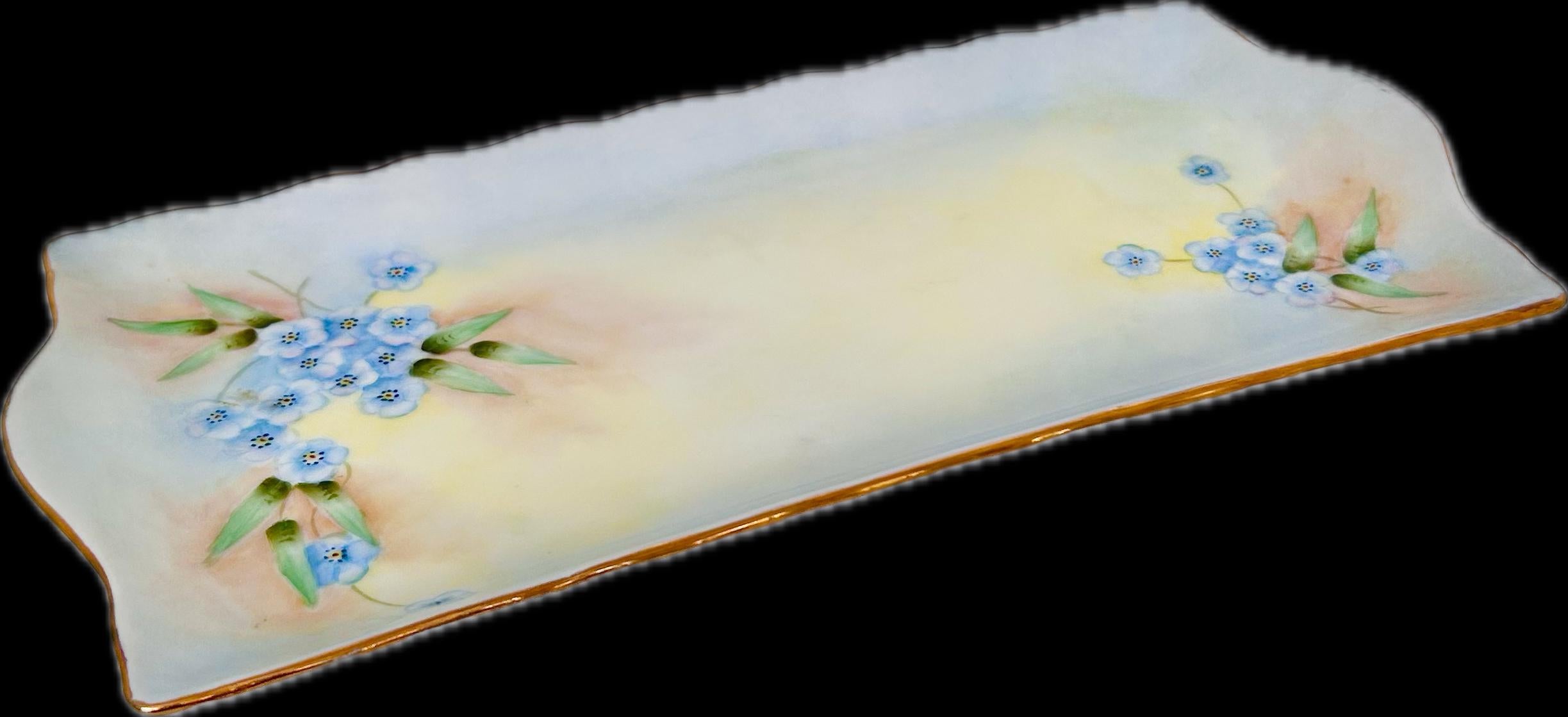 Vintage Hand-painted Porcelain Rectangular Tray with Forget-me-nots