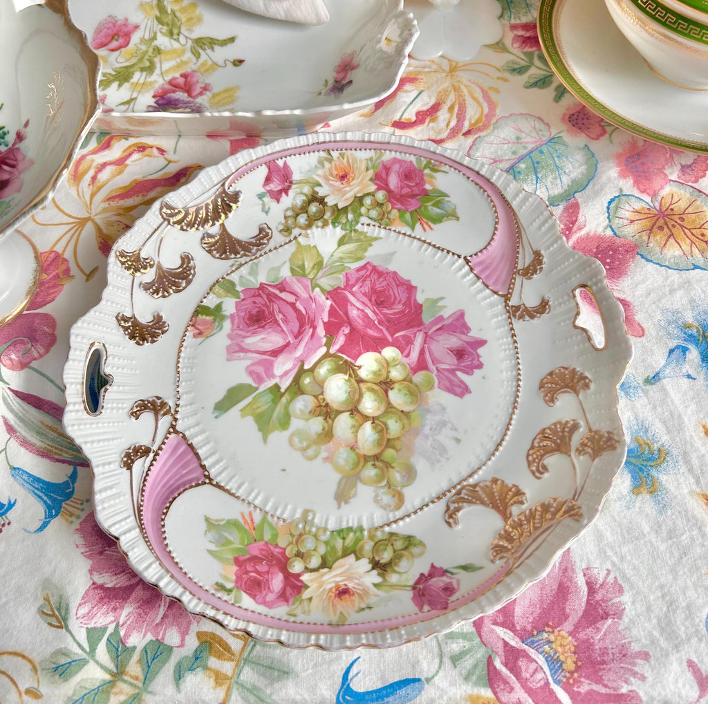 Vintage Porcelain Platter: Gold Foliage, Roses & Grapes, Beaded Handles