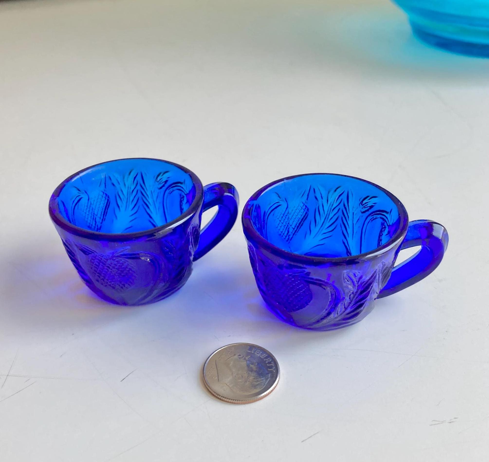 Vinage Cobalt Blue Glass Salt Cellars with fruit pattern, cup handles