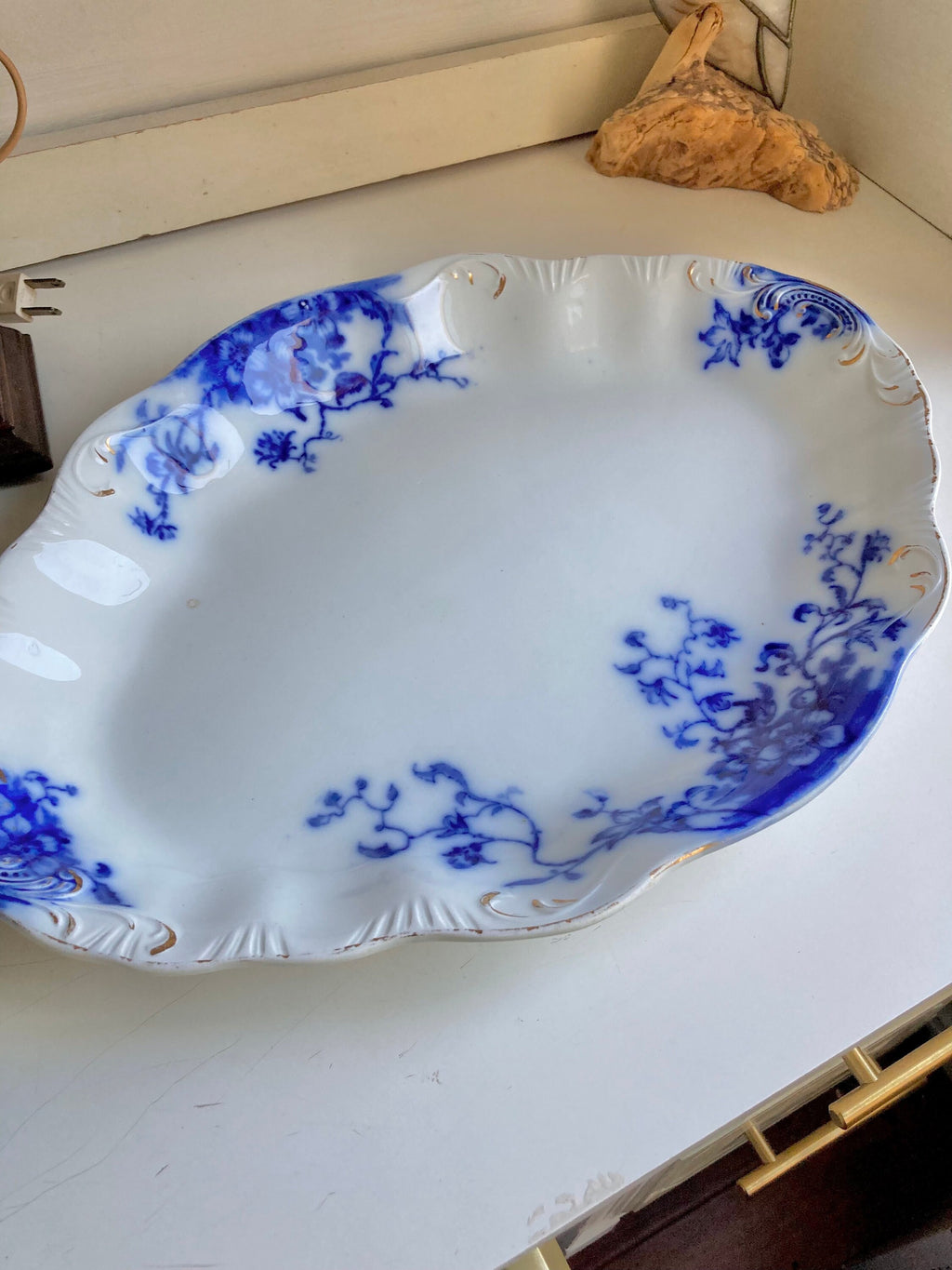 Antique Grindley Flow Blue Platter: 16" Floral Foliage, Gilding