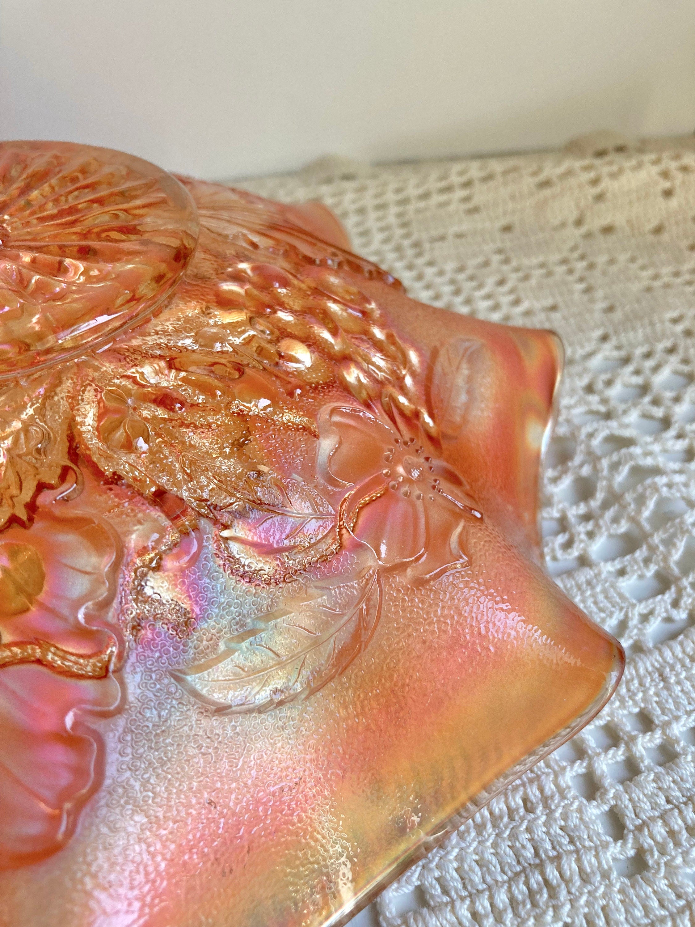 Antique Northwood Marigold Carnival Glass Ruffled Bowl: Grape Cable & Blossom Palm, c. 1910
