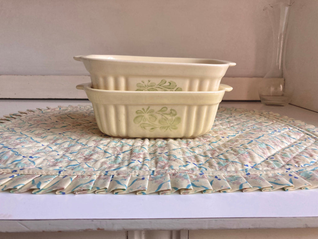 Vintage Pfaltzgraff Loaf Casserole Dishes: Pale Lemon Floral Stoneware, Set of 2