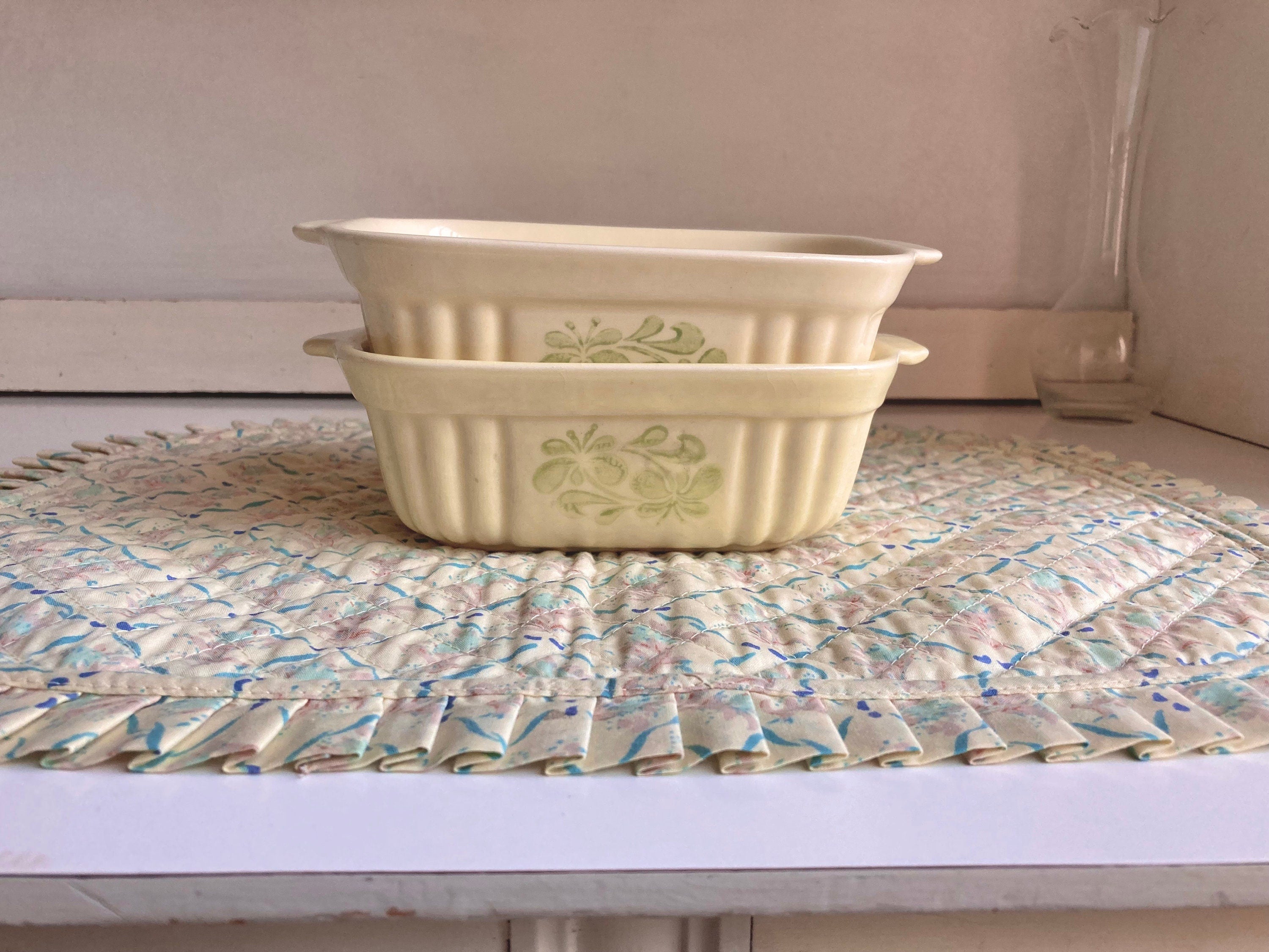 Vintage Pfaltzgraff Loaf Casserole Dishes: Pale Lemon Floral Stoneware, Set of 2