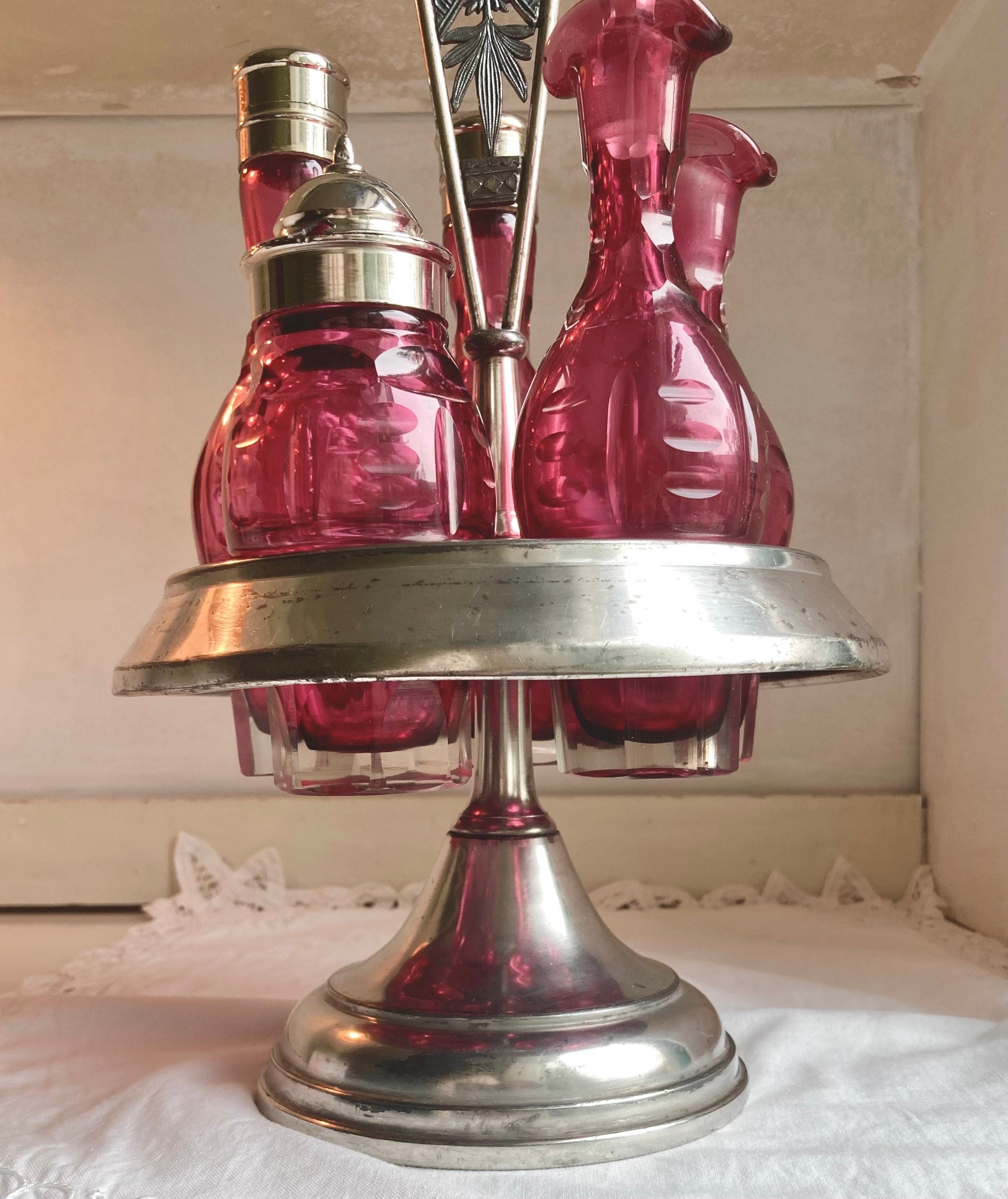 Antique Meriden Silver Plated Cruet Set: Cranberry Thumbprint Glass Bottles