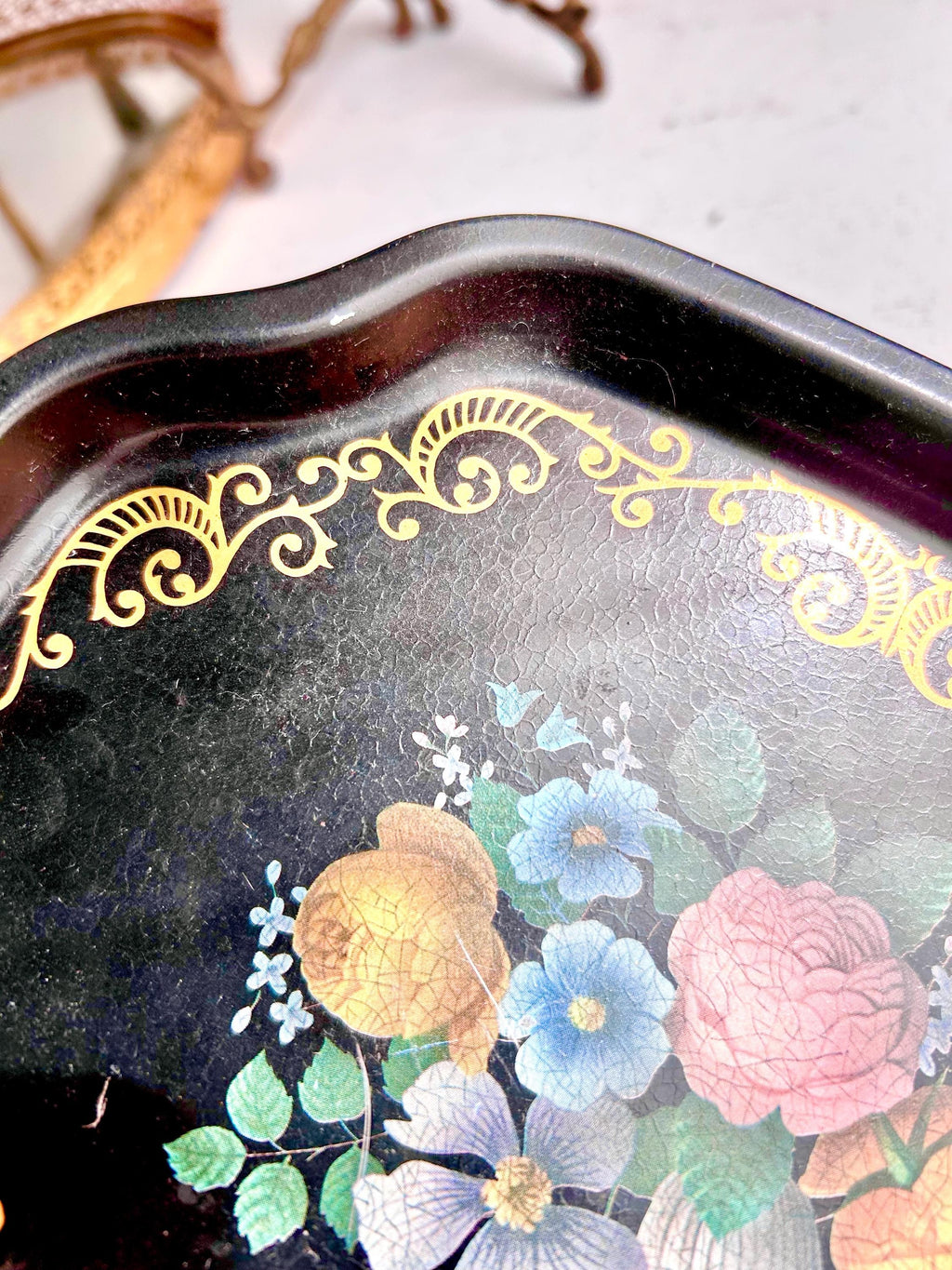 Vintage Floral Tray: Black & Gold Filigree, Made in England (7 Inch)