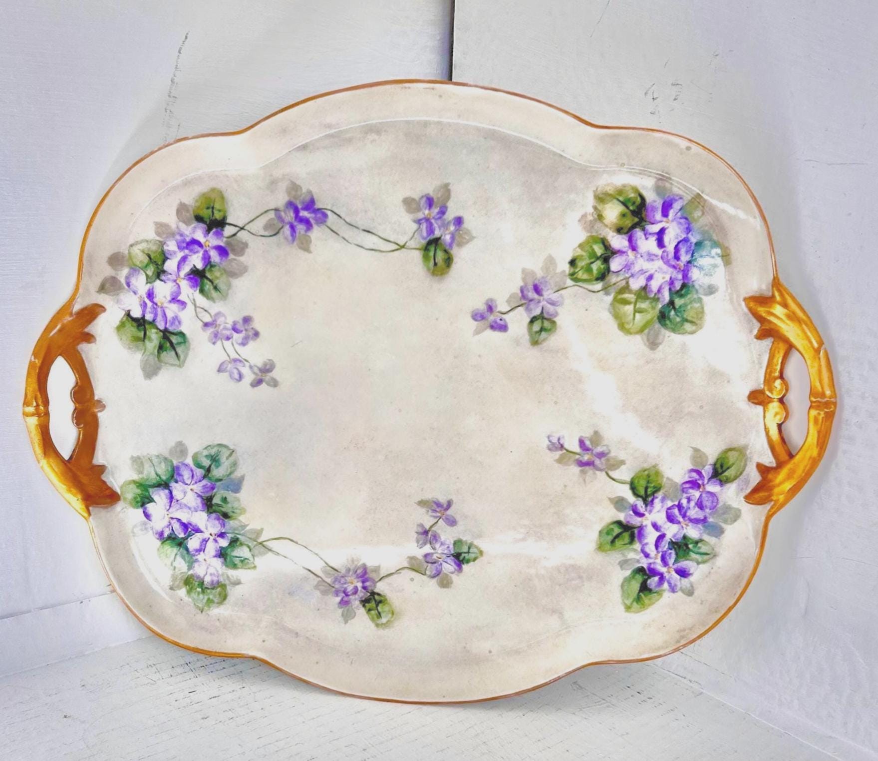 Large 18 inch William Guerin & Co Limoges Porcelain Tray with Hand-painted Violets