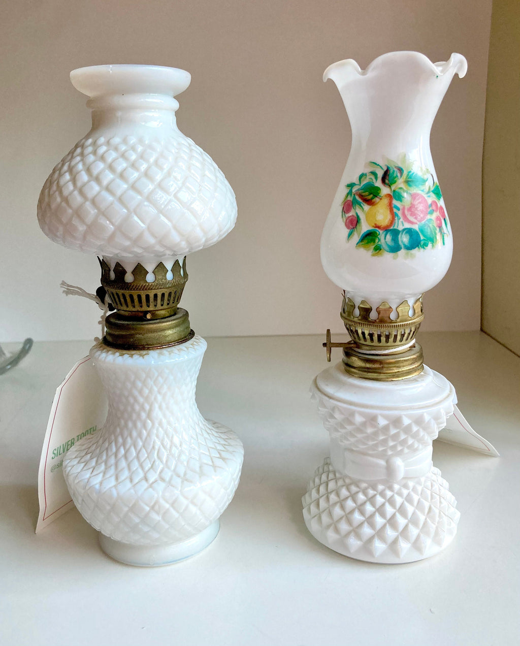 Vintage Milk Glass Oil Lamp: Diamond Hobnail, Fruit Appliqué, 8" Tall