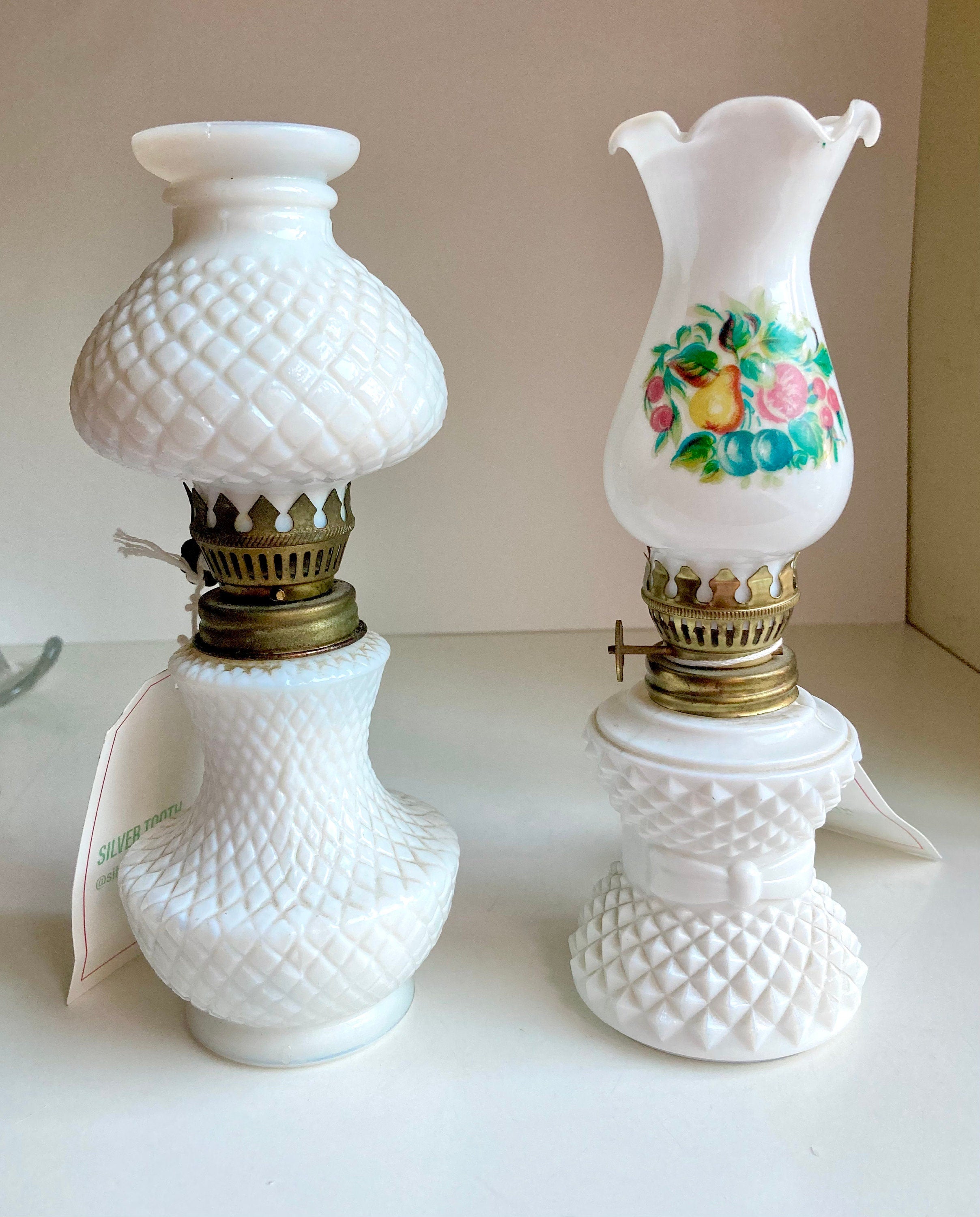 Vintage Milk Glass Oil Lamp: Diamond Hobnail, Fruit Appliqué, 8" Tall