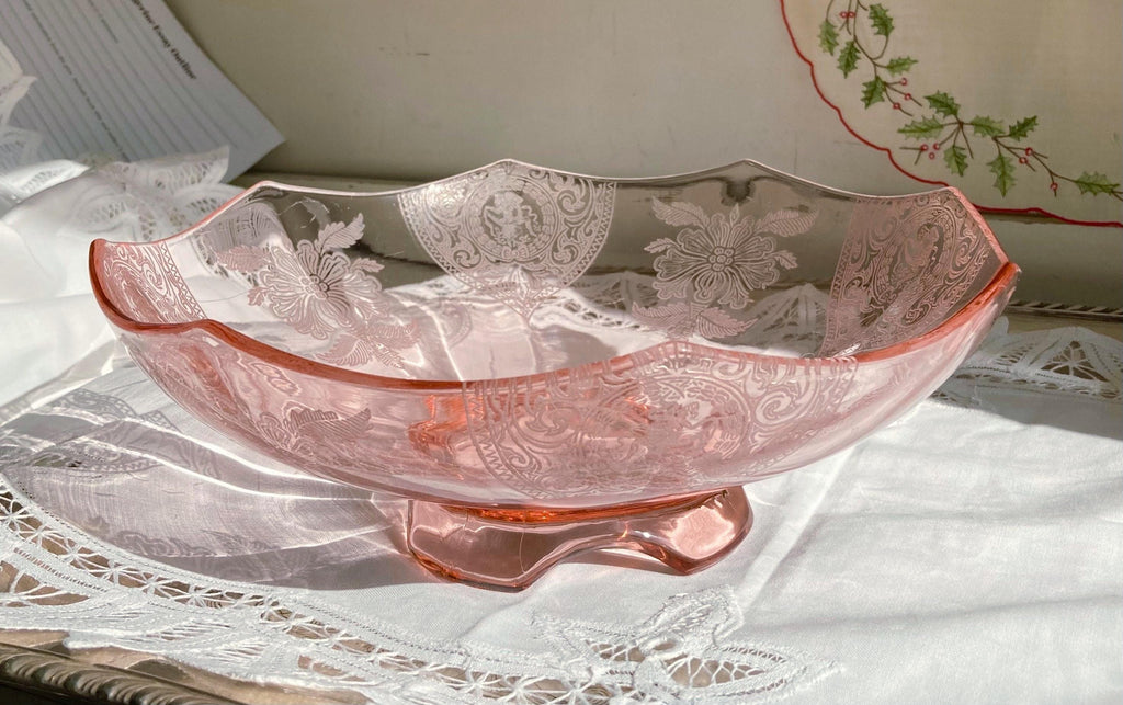 Pink Depression Glass Bowl - Etched Flowers, Dancing Nudes, Octagonal