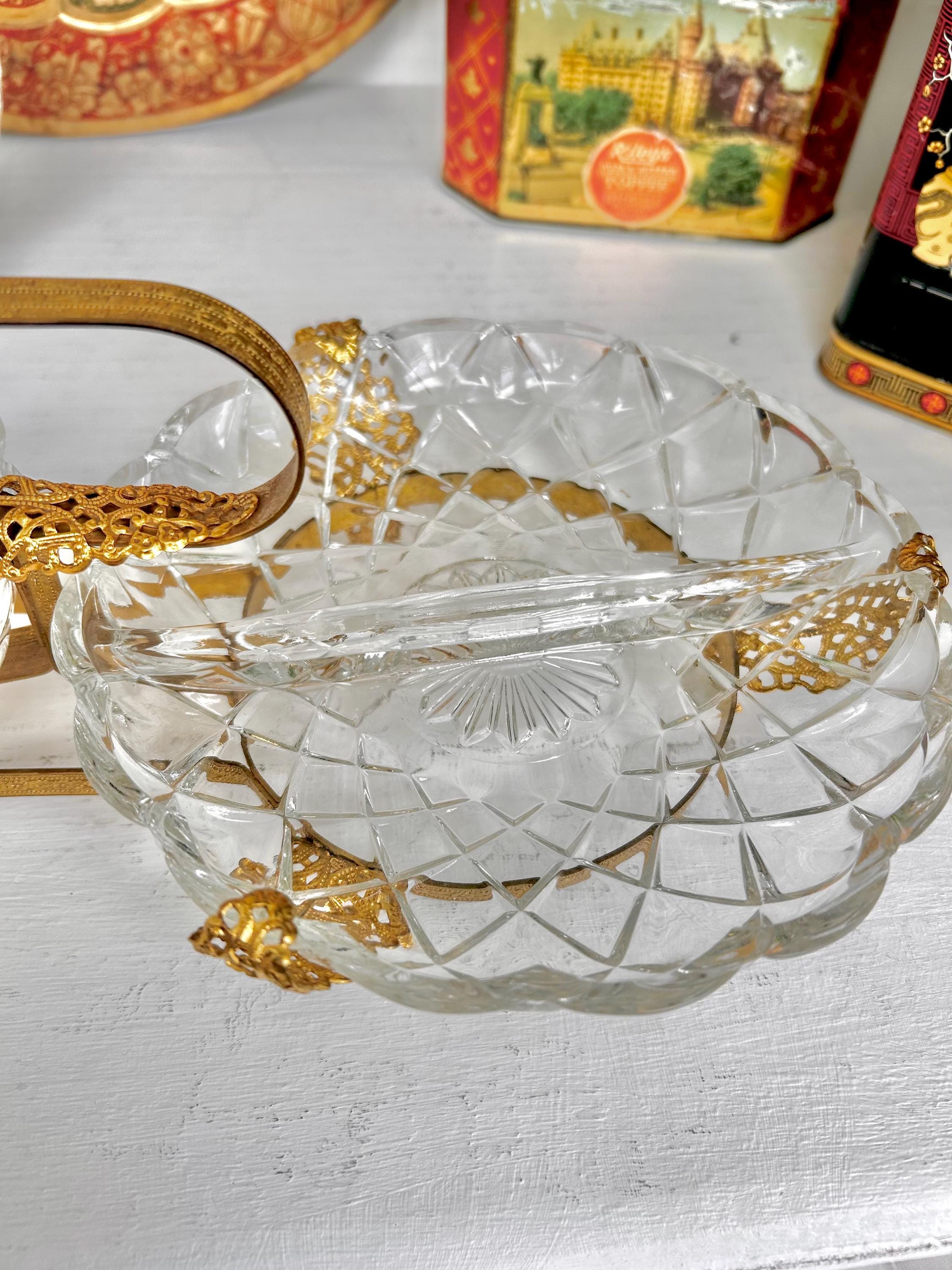 Vintage Gilt Metal & Glass Serving Caddy: Ormolu Double Dish with Handle