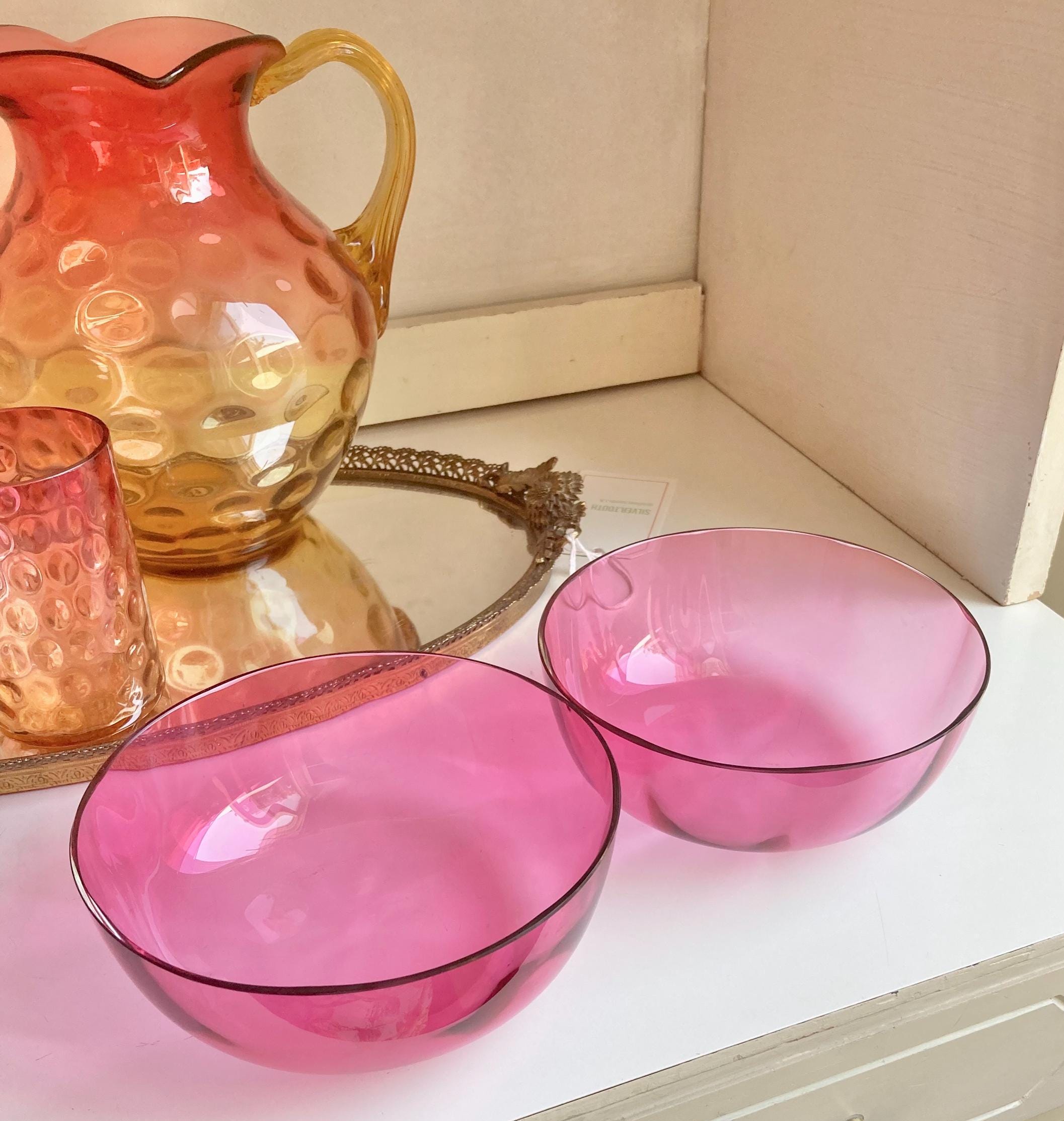 Pair of Antique Victorian Optic Blown Glass Textured Cranberry Pink Bowls - Set of 2