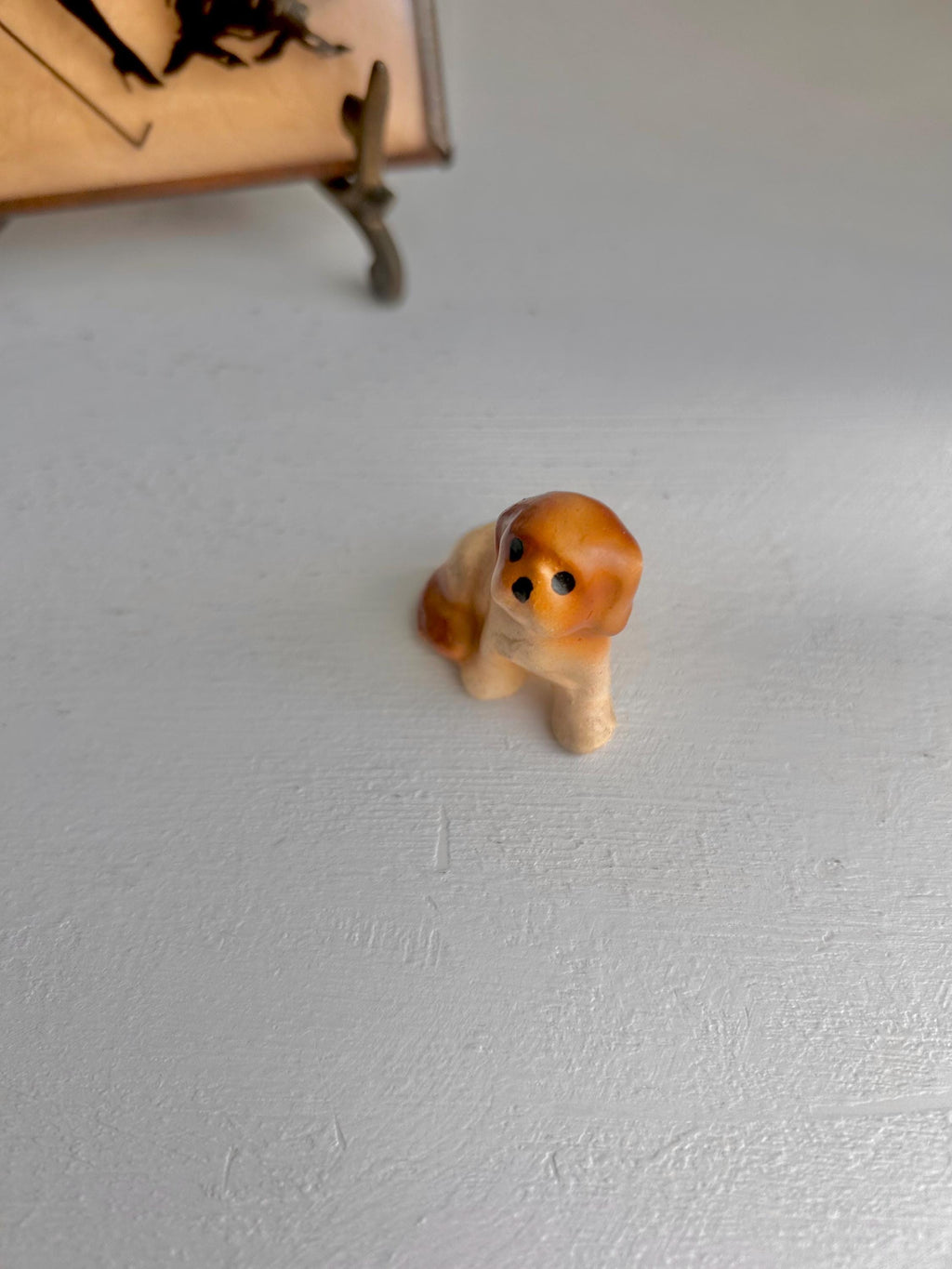 Vintage Teensy Ceramic Tawny Pup - Hand painted dog figurine 1 inch seated pup