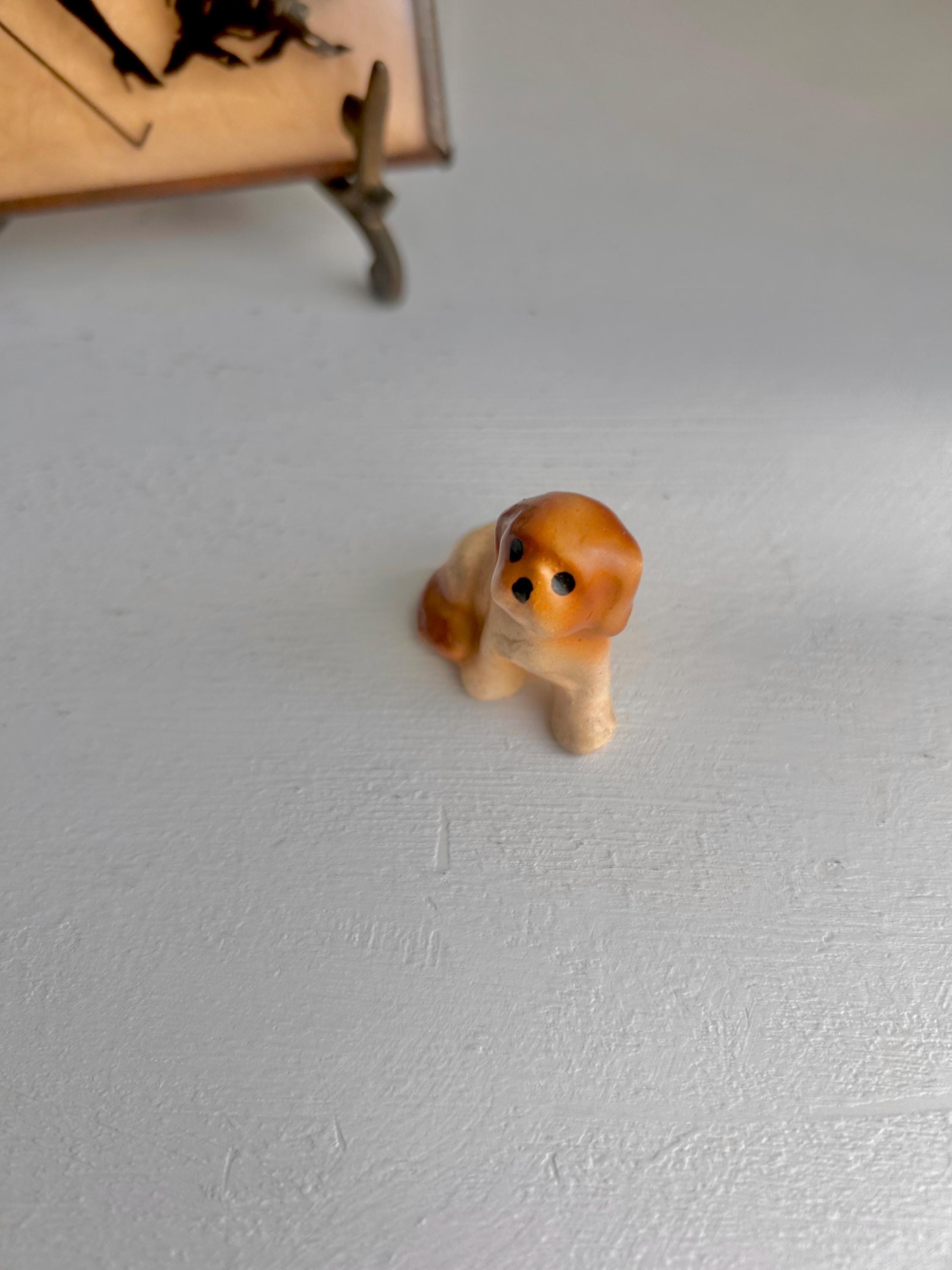 Vintage Teensy Ceramic Tawny Pup - Hand painted dog figurine 1 inch seated pup