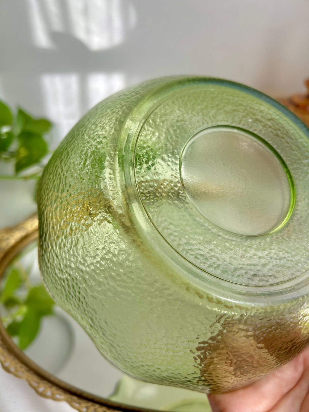 Vintage Hazel Atlas Green Glass Bowl: Pebblestone Ruffle Rim