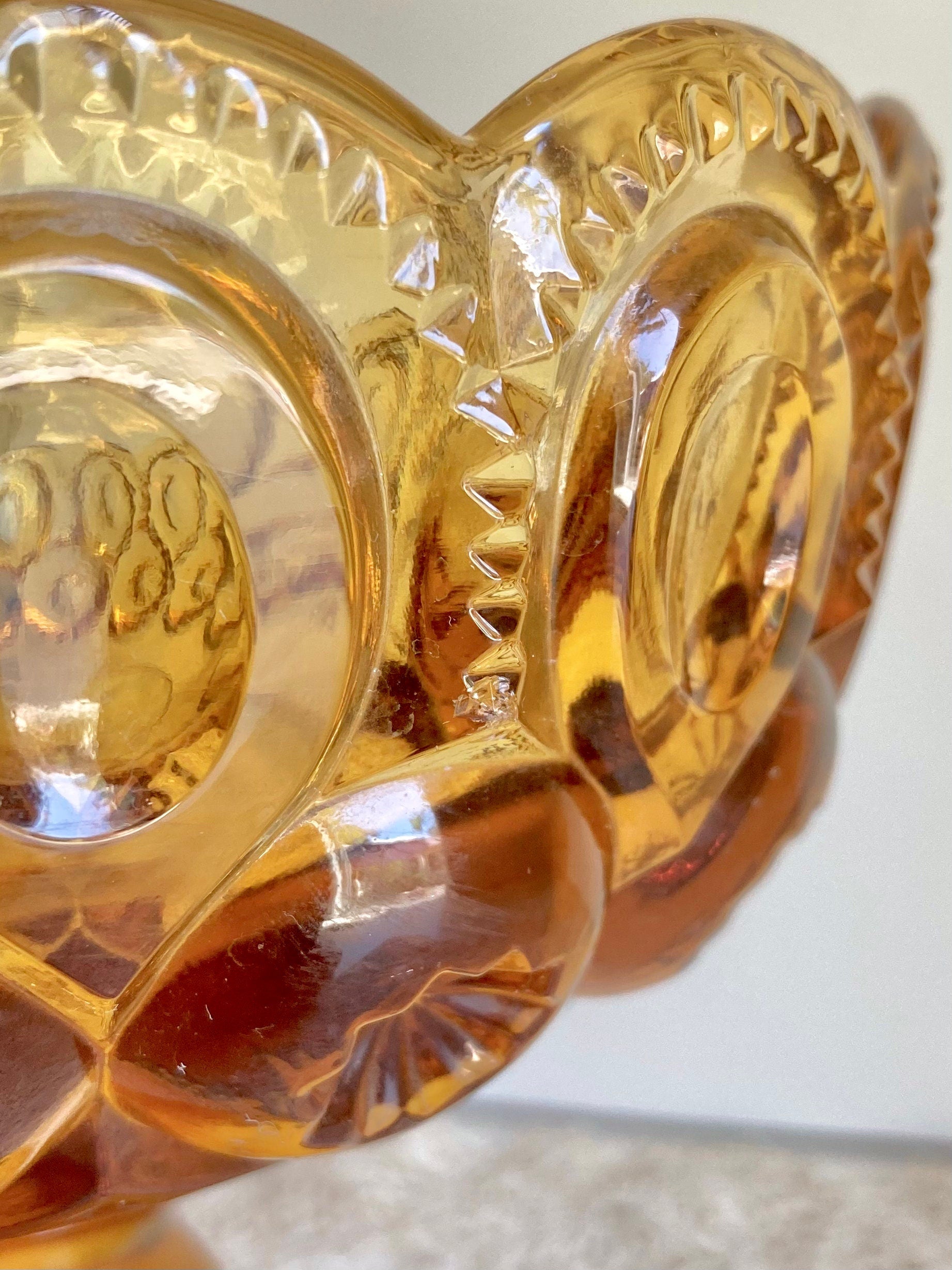 Vintage LE Smith Moon and Stars Amber Glass Pedestal Stem Compote