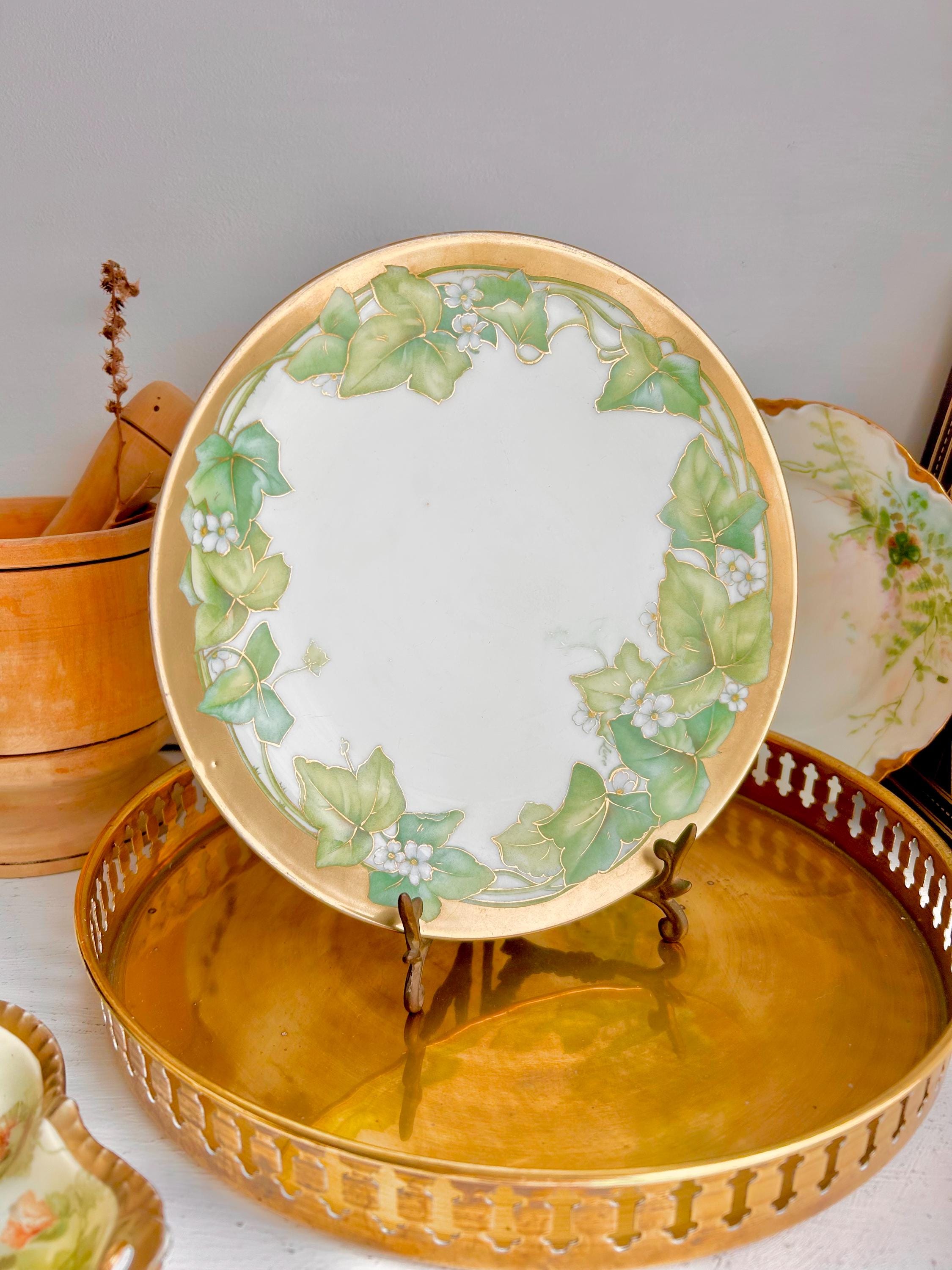 Vintage P.T. Bavaria Porcelain Plate: Hand Painted Ivy & Gold Trim (8.5")