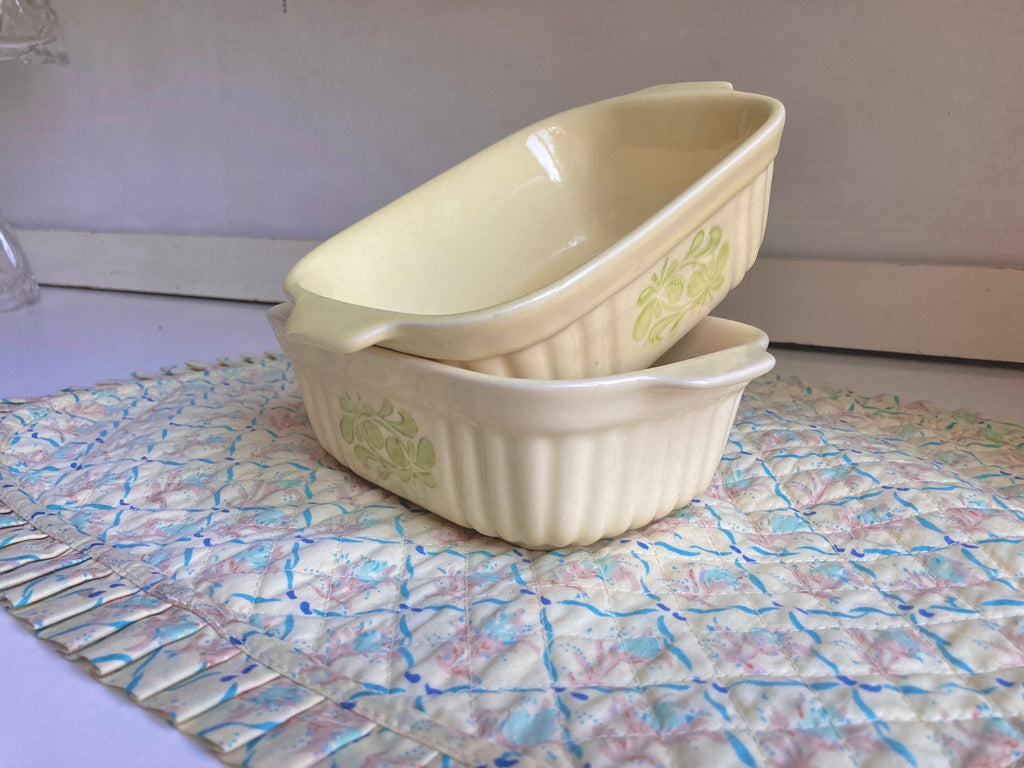 Vintage Pfaltzgraff Loaf Casserole Dishes: Pale Lemon Floral Stoneware, Set of 2