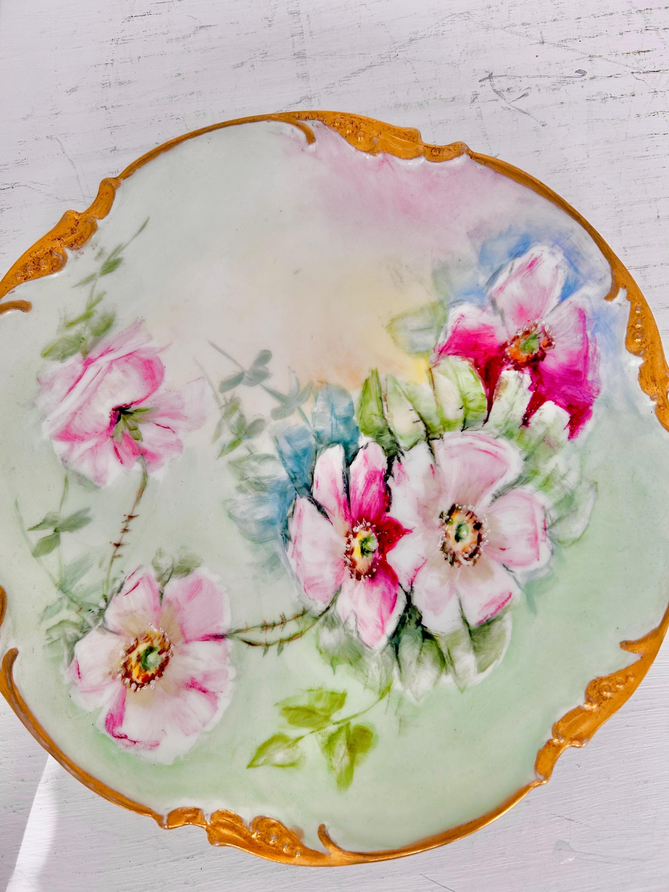 Antique JPL Limoges Dinner Plate Gilt with Hand-painted Dogwood Roses