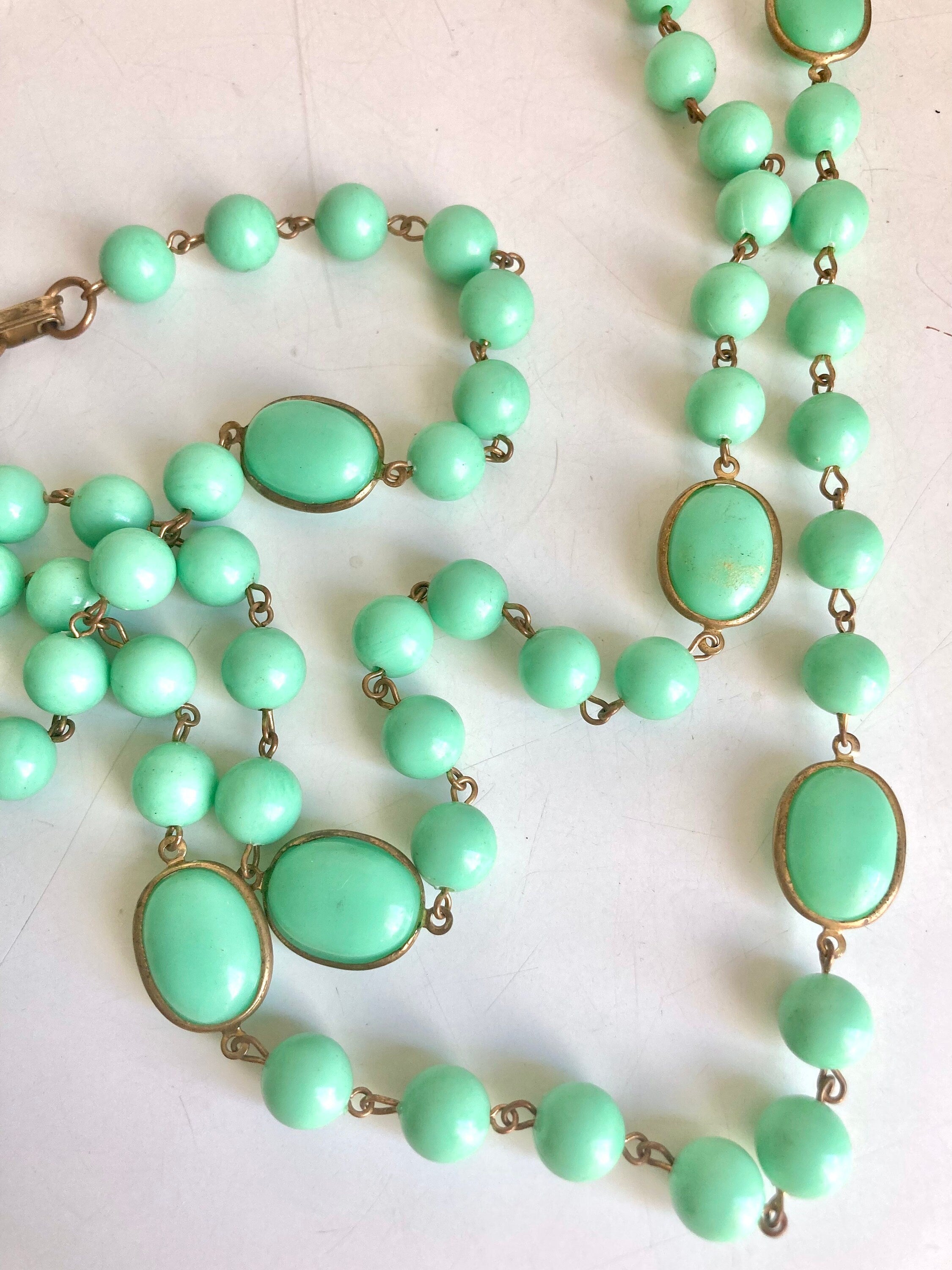 1960s Turquoise Plastic Bead Necklace: Long Costume Jewelry