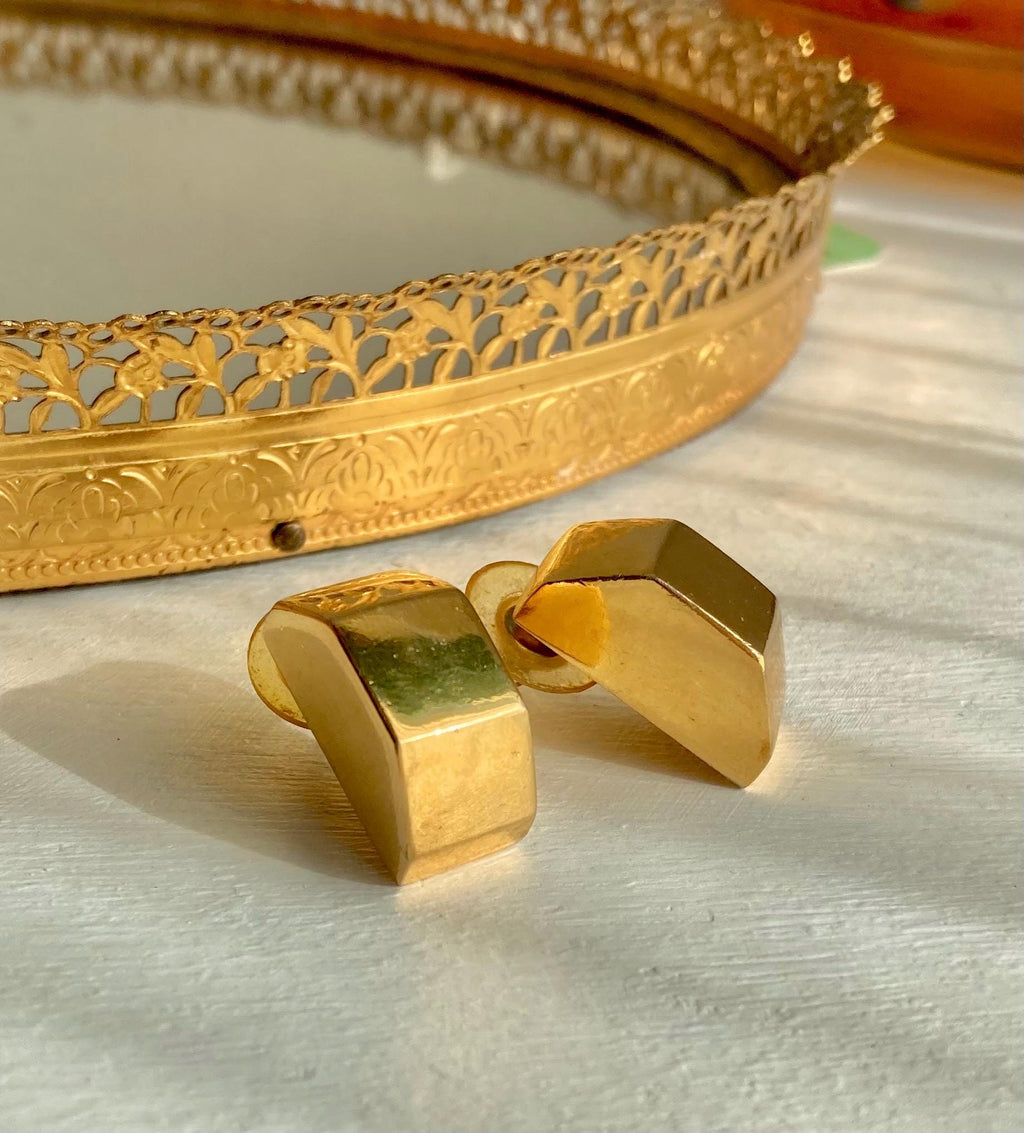 Vintage Gold Tone Statement Earrings - Geometric Angular 1980s Earrings for Pierced Ears